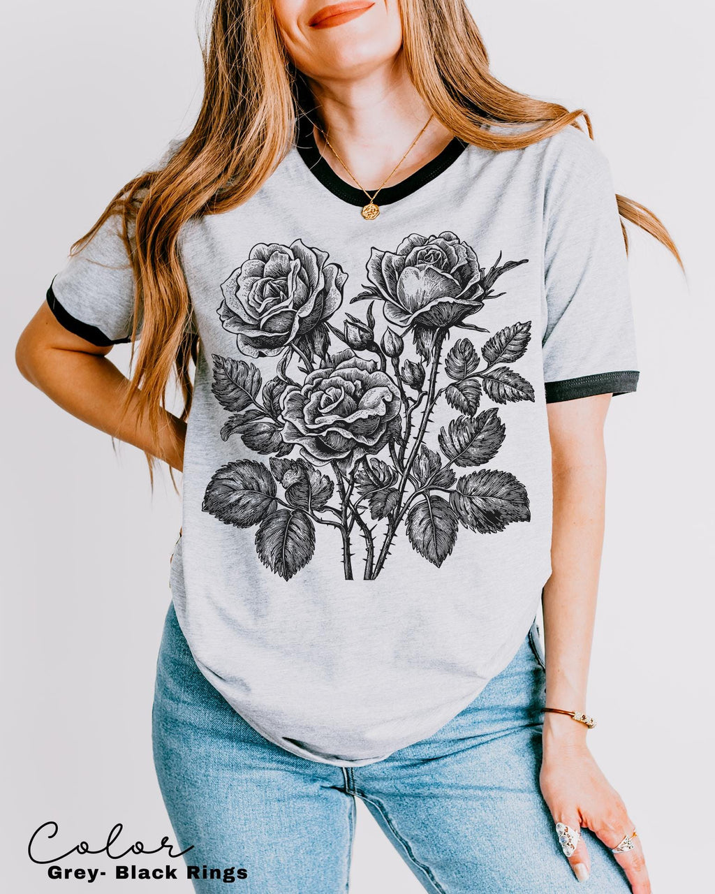 Retro Rose Ringer Shirt, Linocut Floral T-shirt, Cottagecore Boho Botanical, Dark Academia Flower