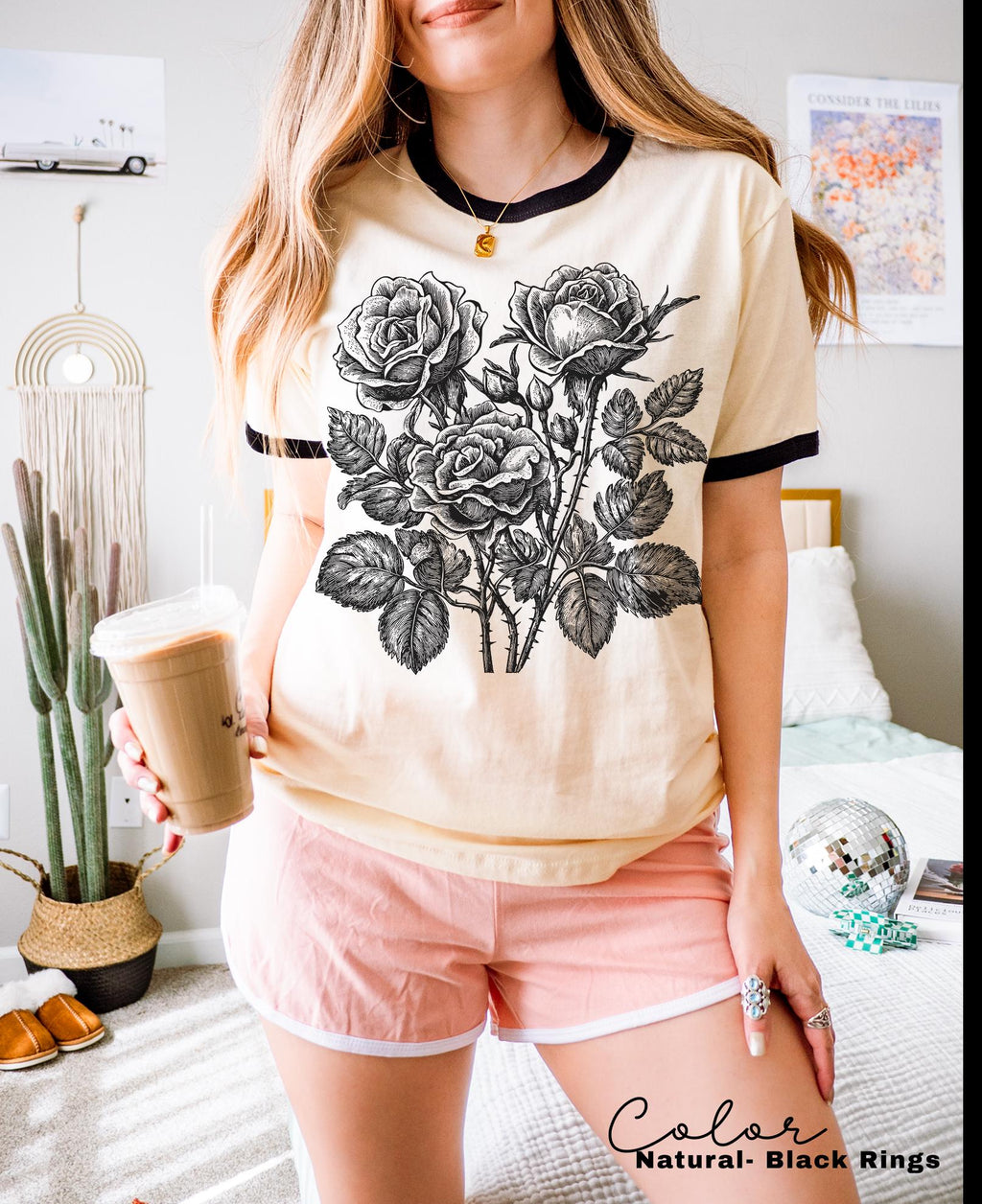 Retro Rose Ringer Shirt, Linocut Floral T-shirt, Cottagecore Boho Botanical, Dark Academia Flower