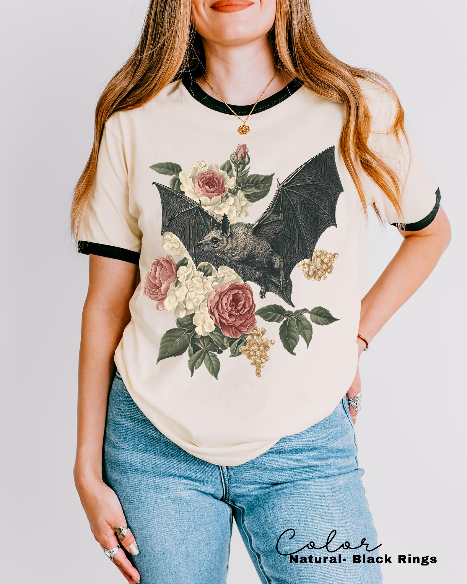 Dark Academia Bat Retro Ringer Shirt, Gothic Cottagecore Graphic Tee, Bats 90s T Shirt, Goblincore