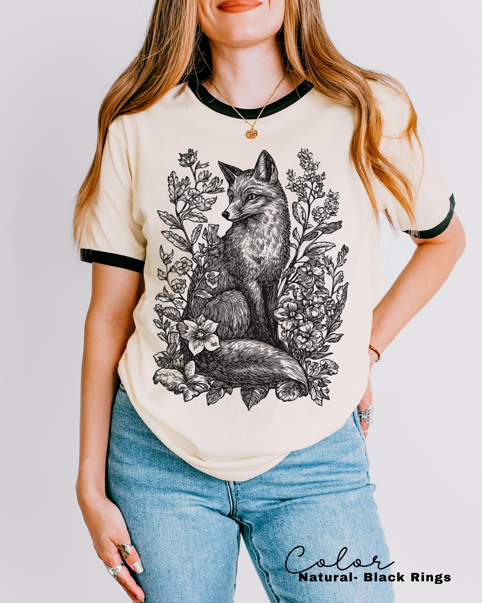 Retro Fox Ringer Shirt, Cottagecore Linocut Floral, Folk Art Forest Animal Sweatshirt, Woodland Aesthetic Top