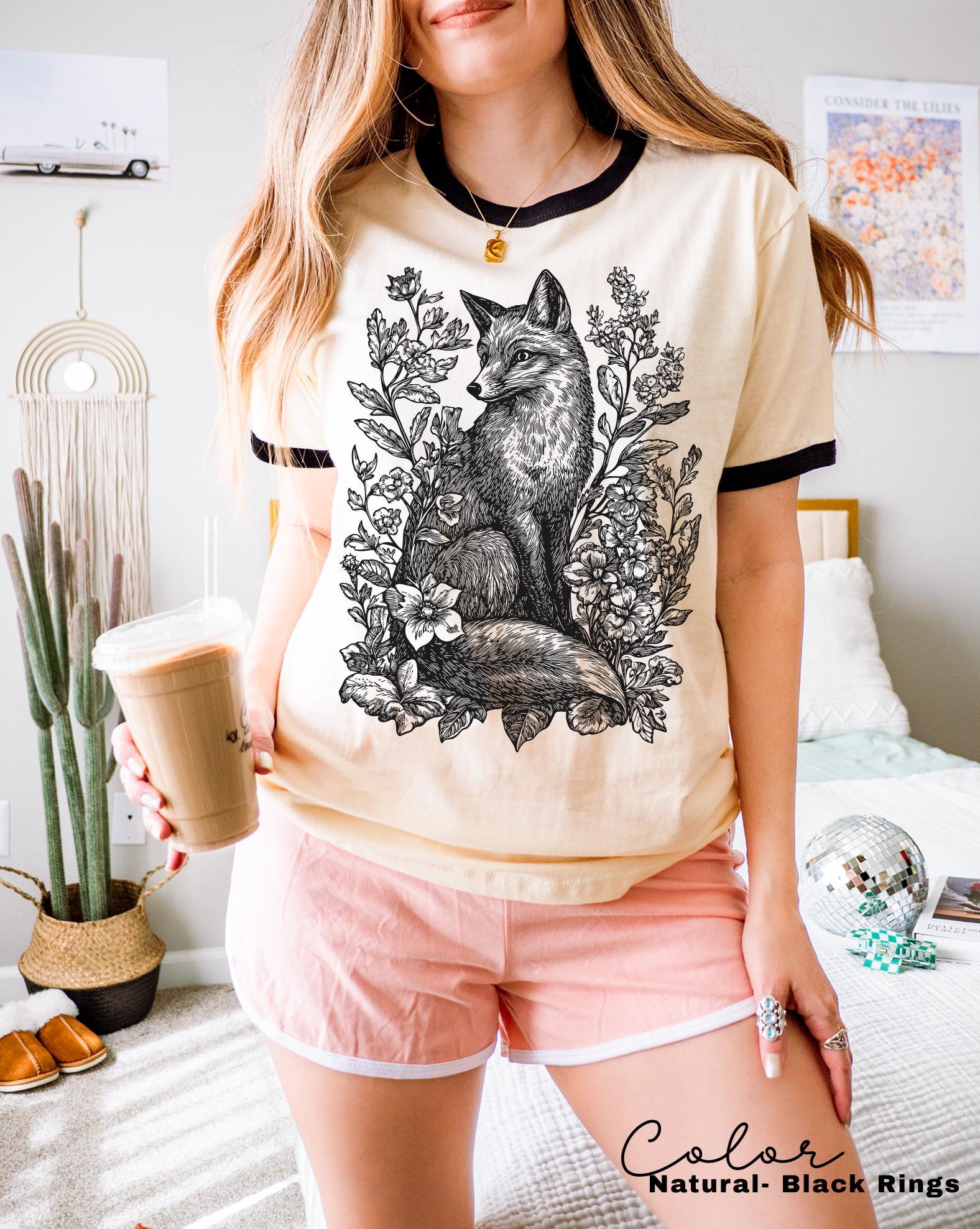 Retro Fox Ringer Shirt, Cottagecore Linocut Floral, Folk Art Forest Animal Sweatshirt, Woodland Aesthetic Top