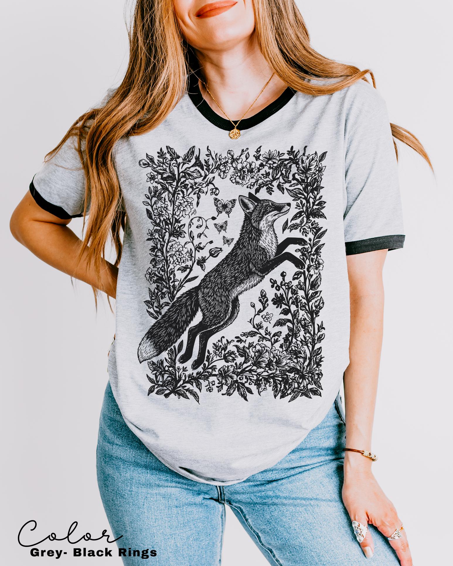 Retro Fox Ringer Shirt, Cottagecore Linocut Floral, Folk Art Forest Animal Sweatshirt, Woodland Aesthetic Top