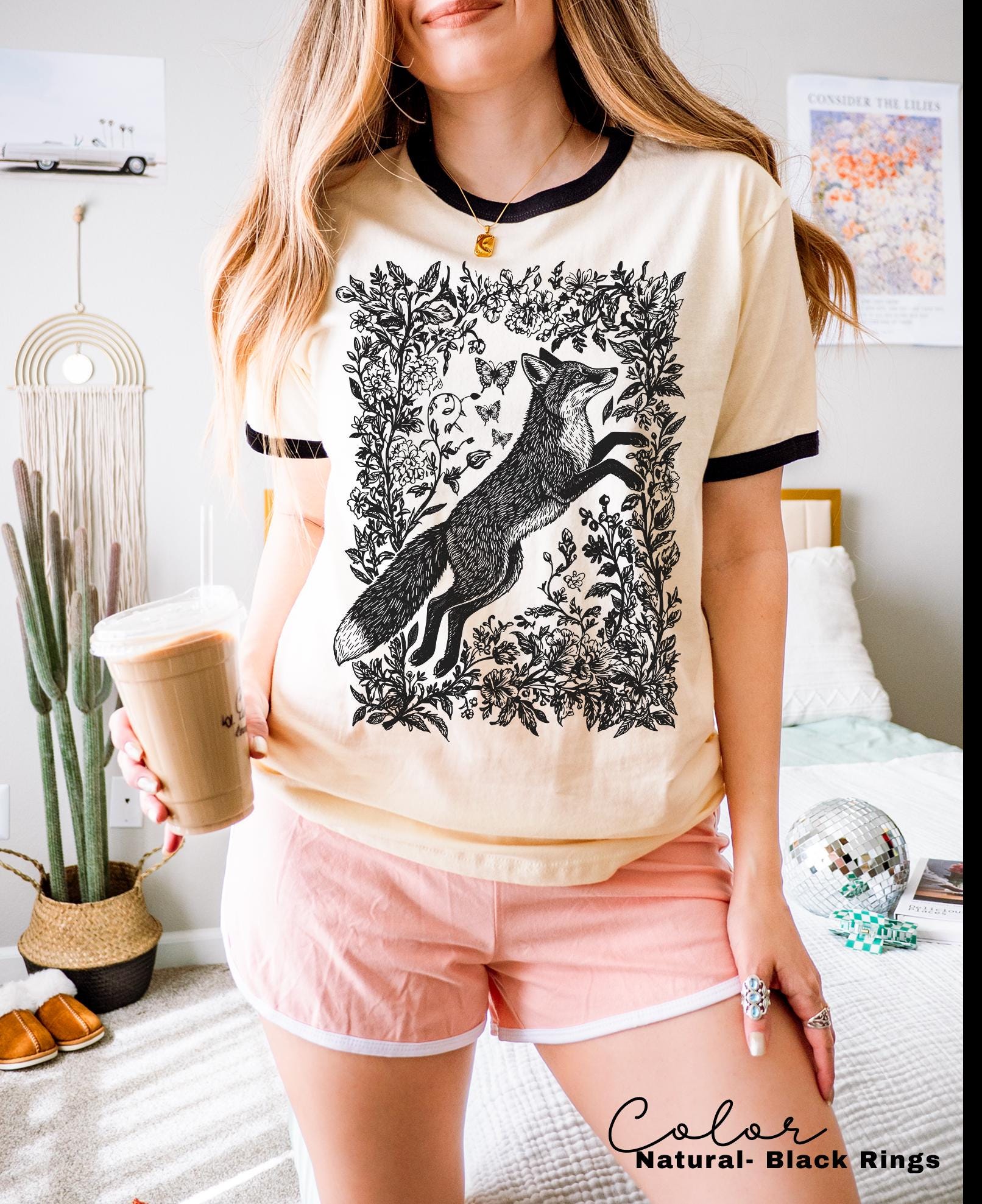 Retro Fox Ringer Shirt, Cottagecore Linocut Floral, Folk Art Forest Animal Sweatshirt, Woodland Aesthetic Top