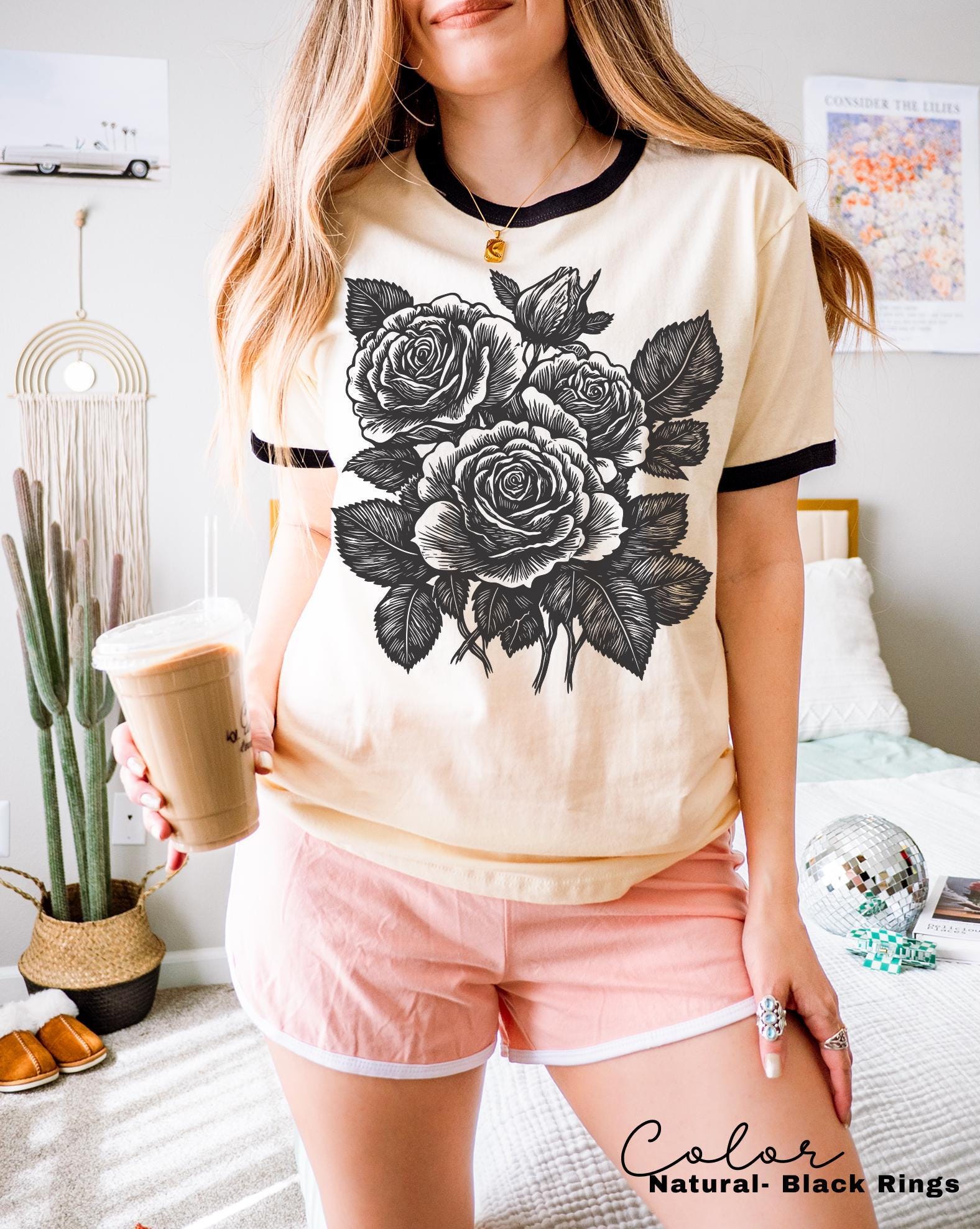 Retro Rose Ringer Shirt, Linocut Floral T-shirt, Cottagecore Boho Botanical, Dark Academia Flower