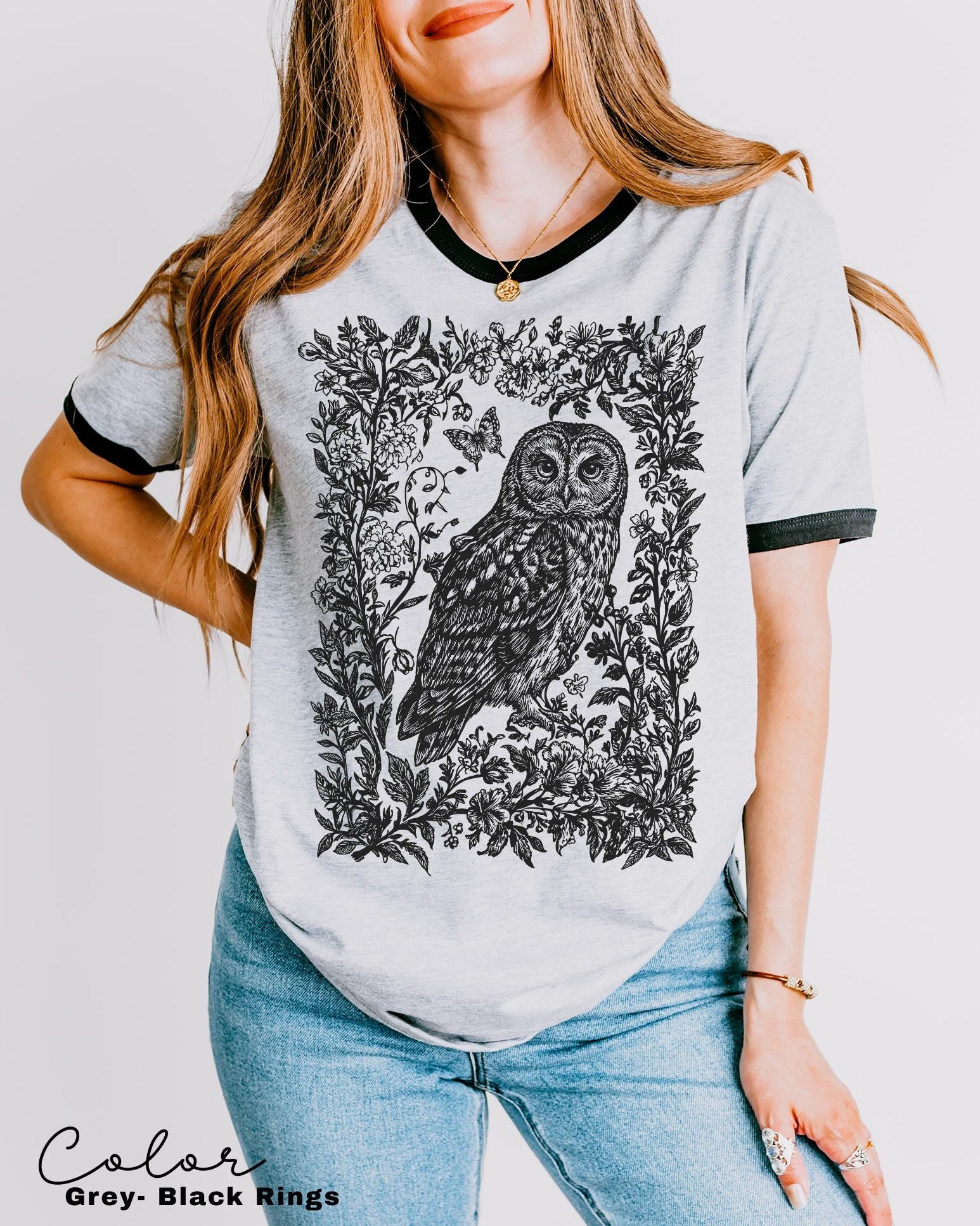 Cottagecore Owl Ringer Shirt, Cottagecore Floral Sweatshirt, Folk Art Forest Animal TShirt, Woodland Aesthetic Top