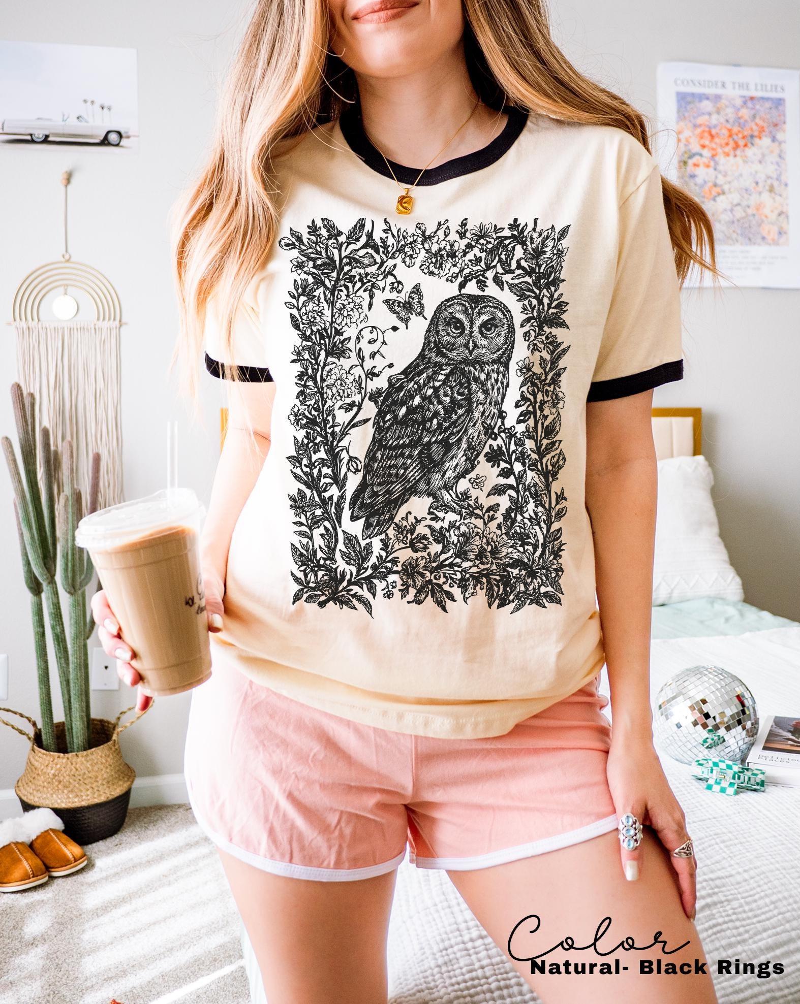 Cottagecore Owl Ringer Shirt, Cottagecore Floral Sweatshirt, Folk Art Forest Animal TShirt, Woodland Aesthetic Top