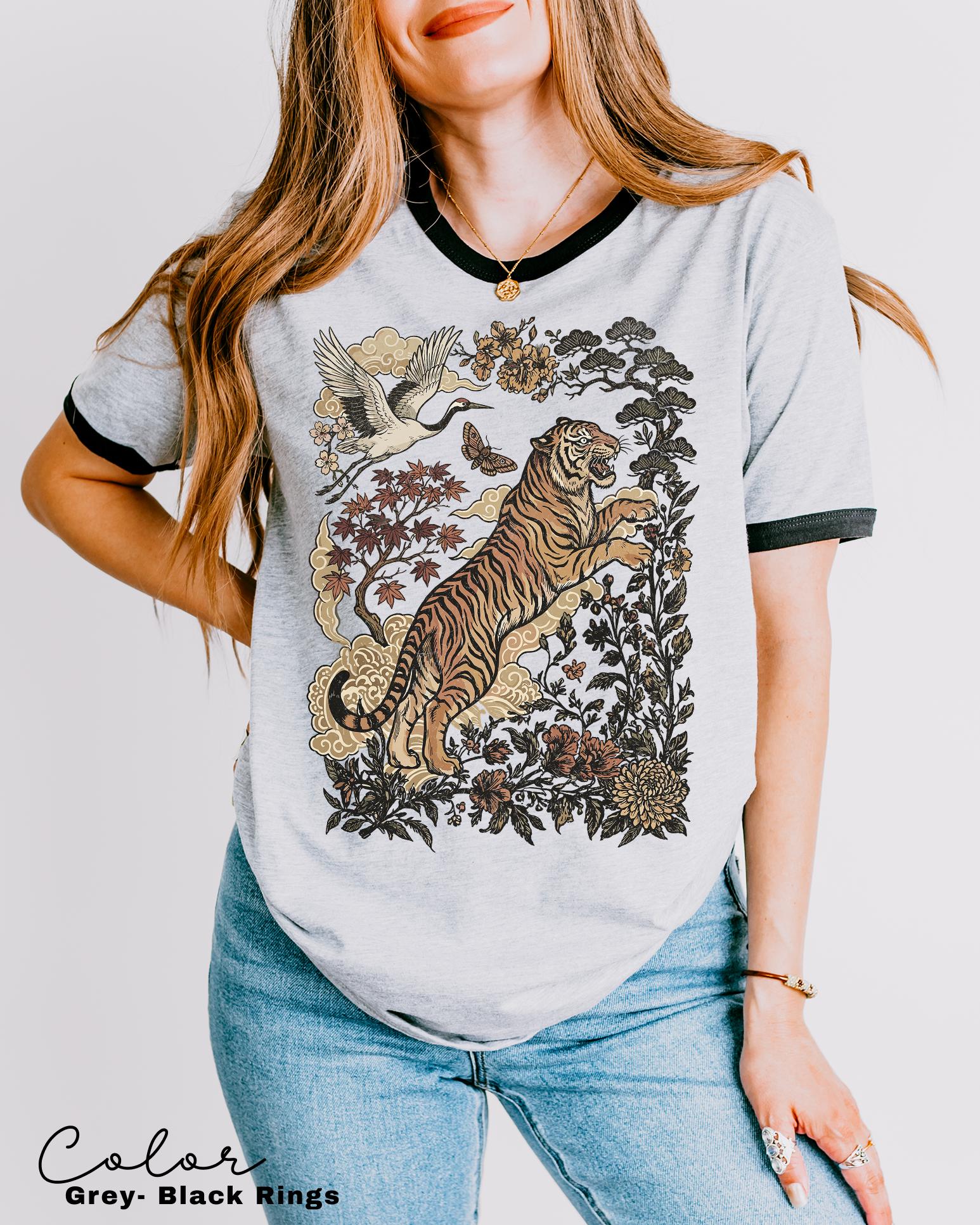 Retro Tiger Ringer T-Shirt, Animal Gift for Tiger Lover, Wild Cat Sweatshirt, Linocut Style, Boho, Cottagecore