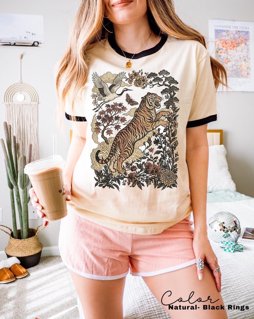 Retro Tiger Ringer T-Shirt, Animal Gift for Tiger Lover, Wild Cat Sweatshirt, Linocut Style, Boho, Cottagecore