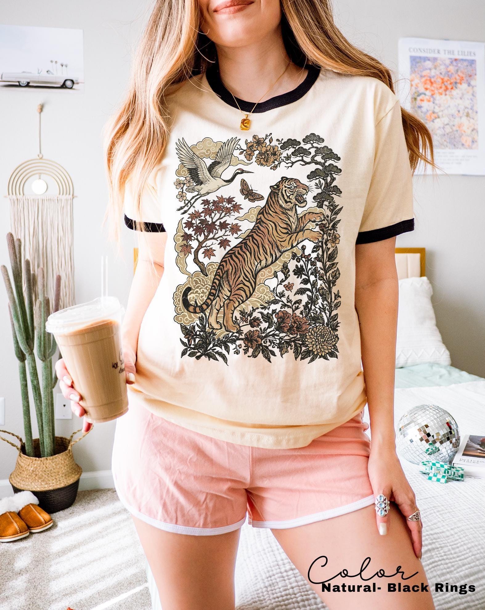 Retro Tiger Ringer T-Shirt, Animal Gift for Tiger Lover, Wild Cat Sweatshirt, Linocut Style, Boho, Cottagecore