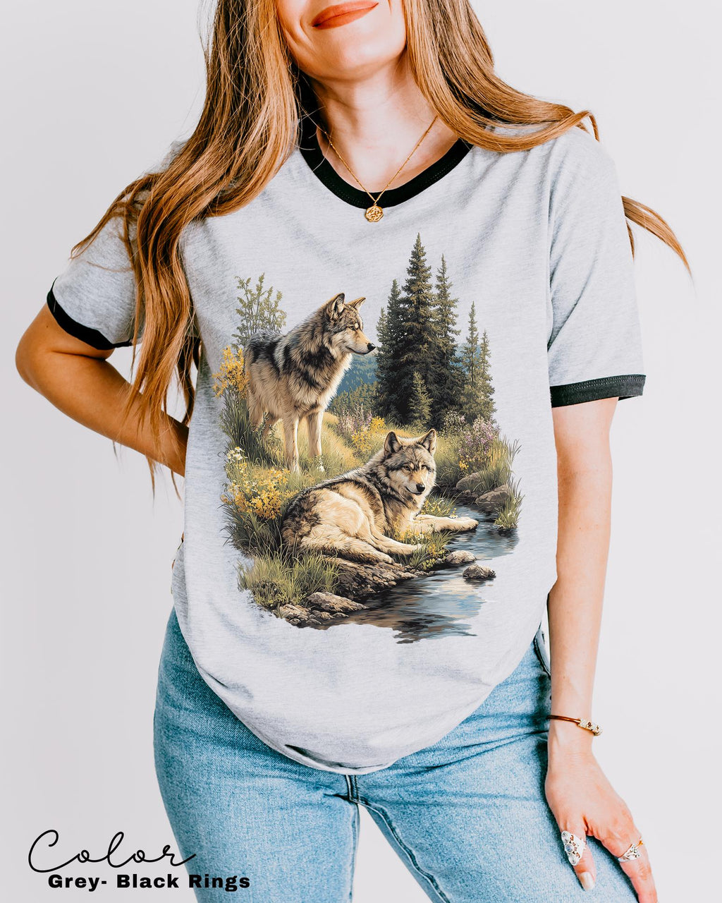 Retro Wolf 90s Ringer Tee, Nature Vintage Wildlife Forest, Boho Unisex Cabincore Crewneck Cozy Season Rustic Wolves, Nostalgia