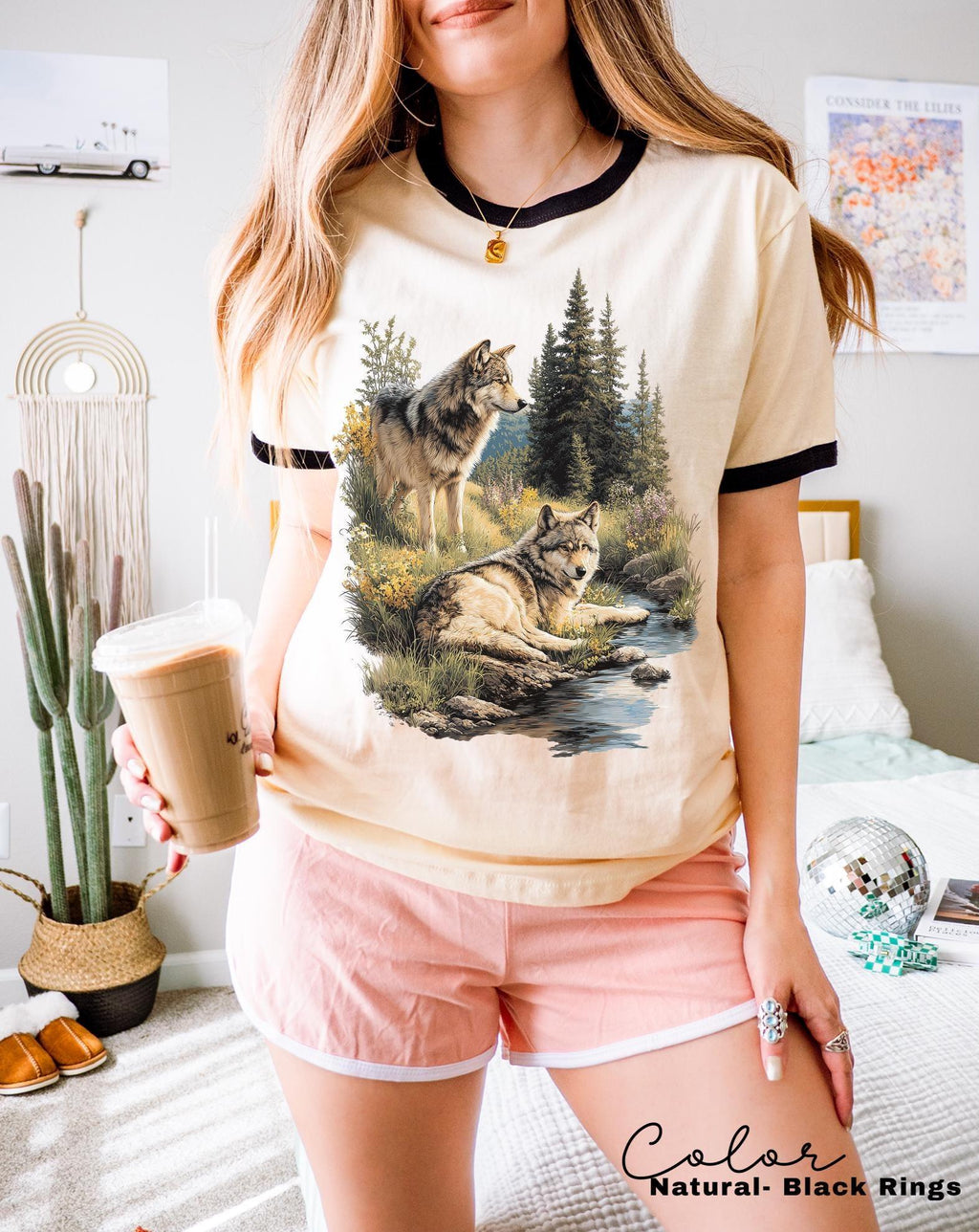 Retro Wolf 90s Ringer Tee, Nature Vintage Wildlife Forest, Boho Unisex Cabincore Crewneck Cozy Season Rustic Wolves, Nostalgia