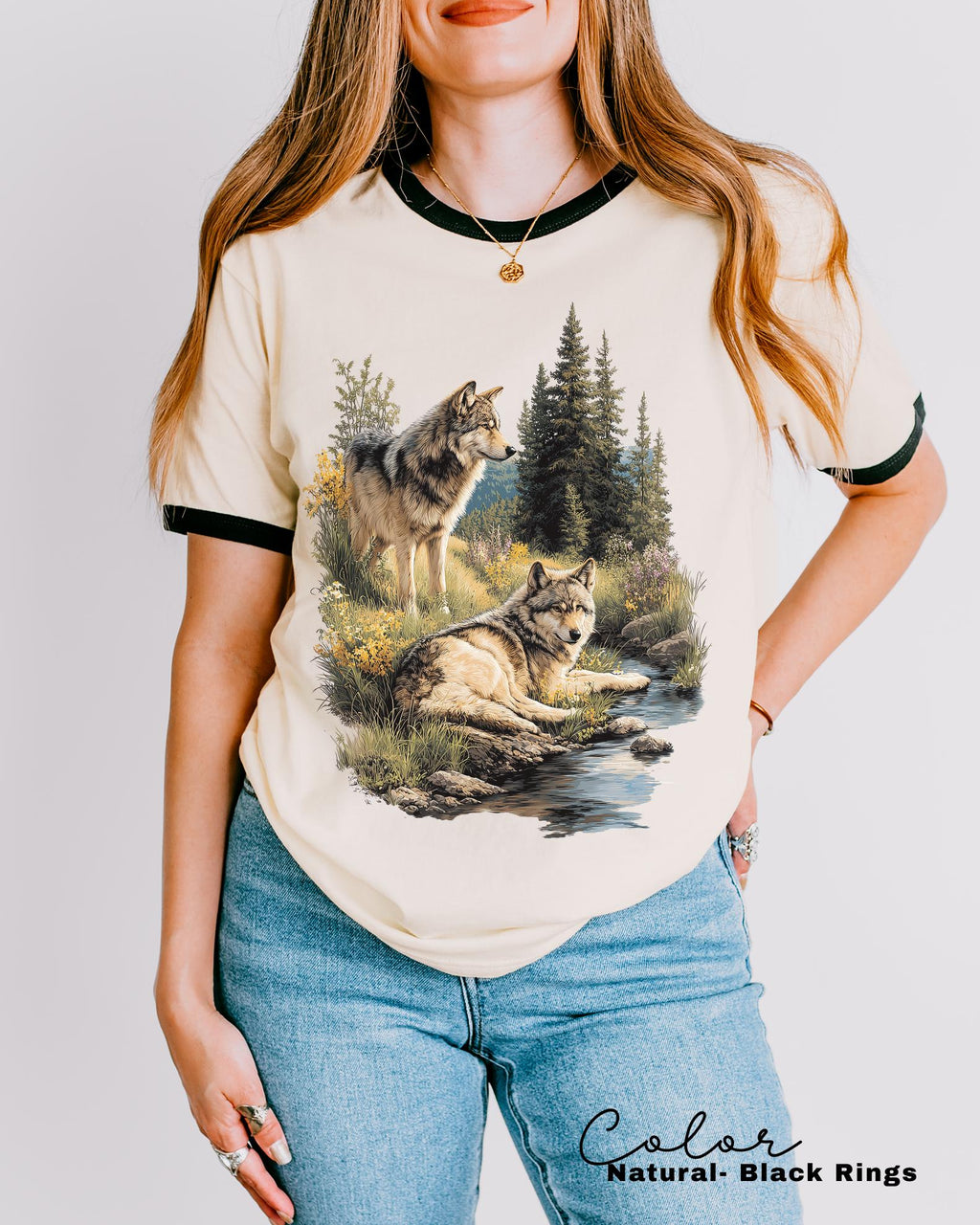 Retro Wolf 90s Ringer Tee, Nature Vintage Wildlife Forest, Boho Unisex Cabincore Crewneck Cozy Season Rustic Wolves, Nostalgia