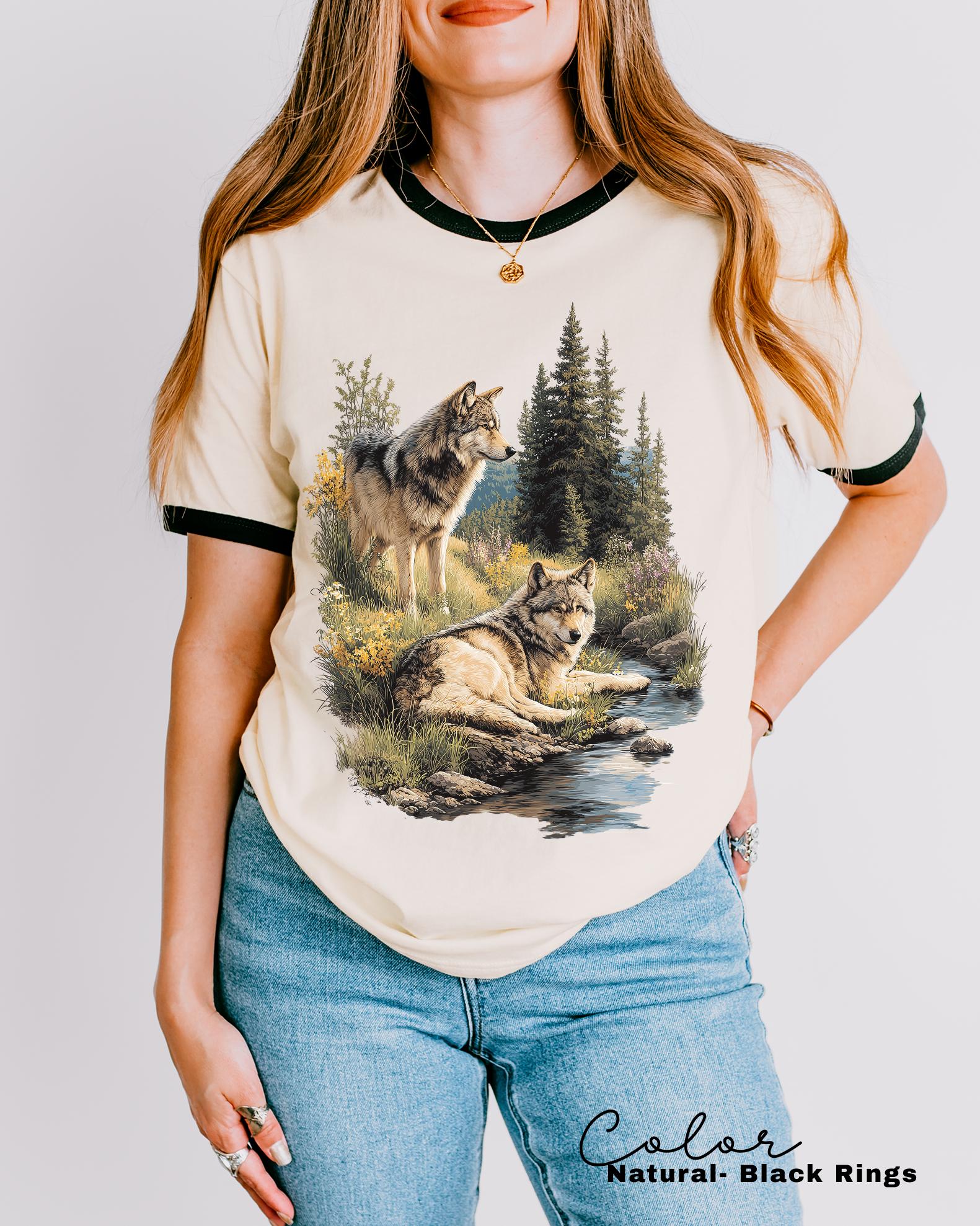 Retro Wolf 90s Ringer Tee, Nature Vintage Wildlife Forest, Boho Unisex Cabincore Crewneck Cozy Season Rustic Wolves, Nostalgia
