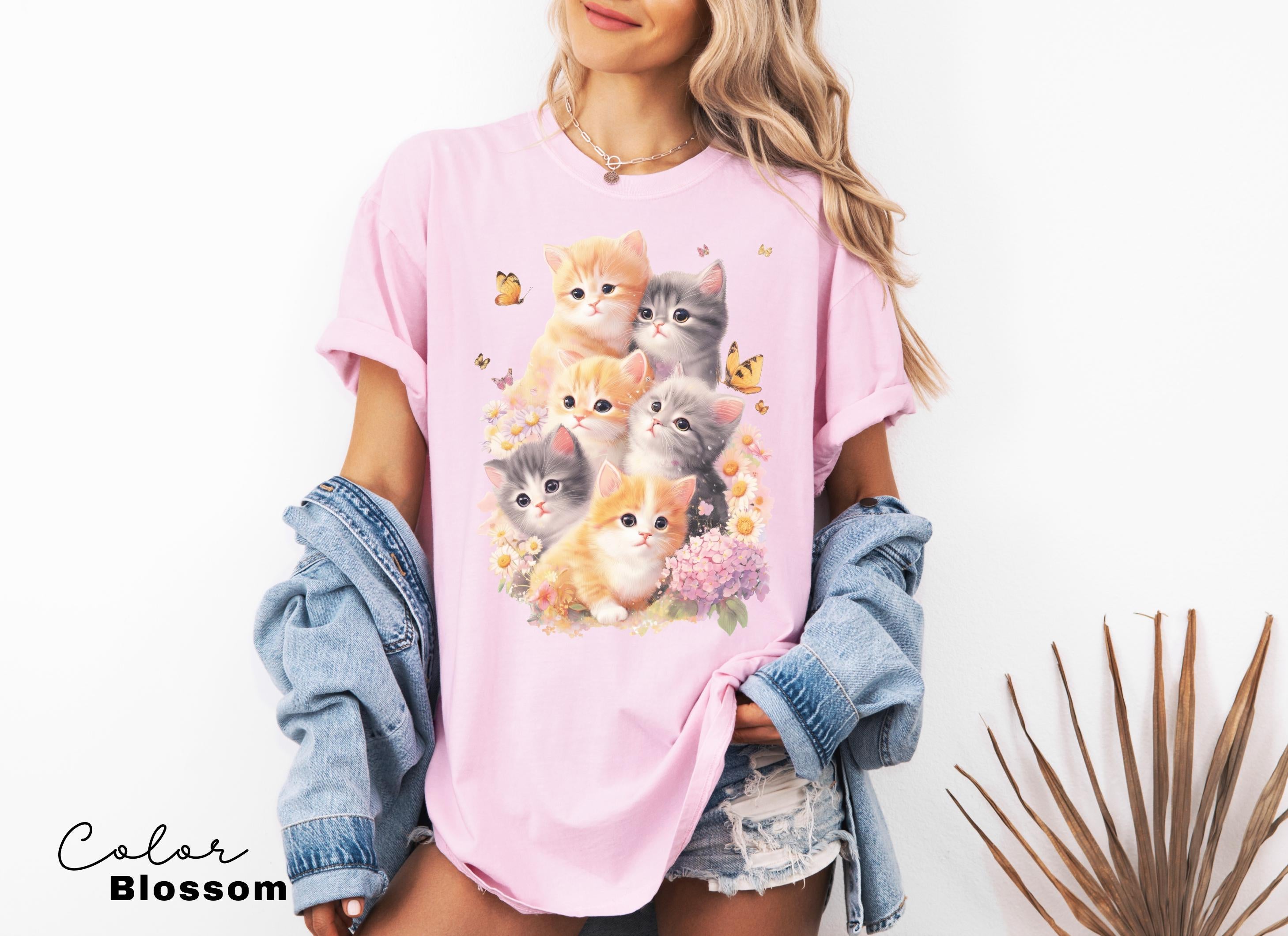 Retro Kitten Shirt Vintage Floral Cat Tee Cottagecore Cat Lover Gift