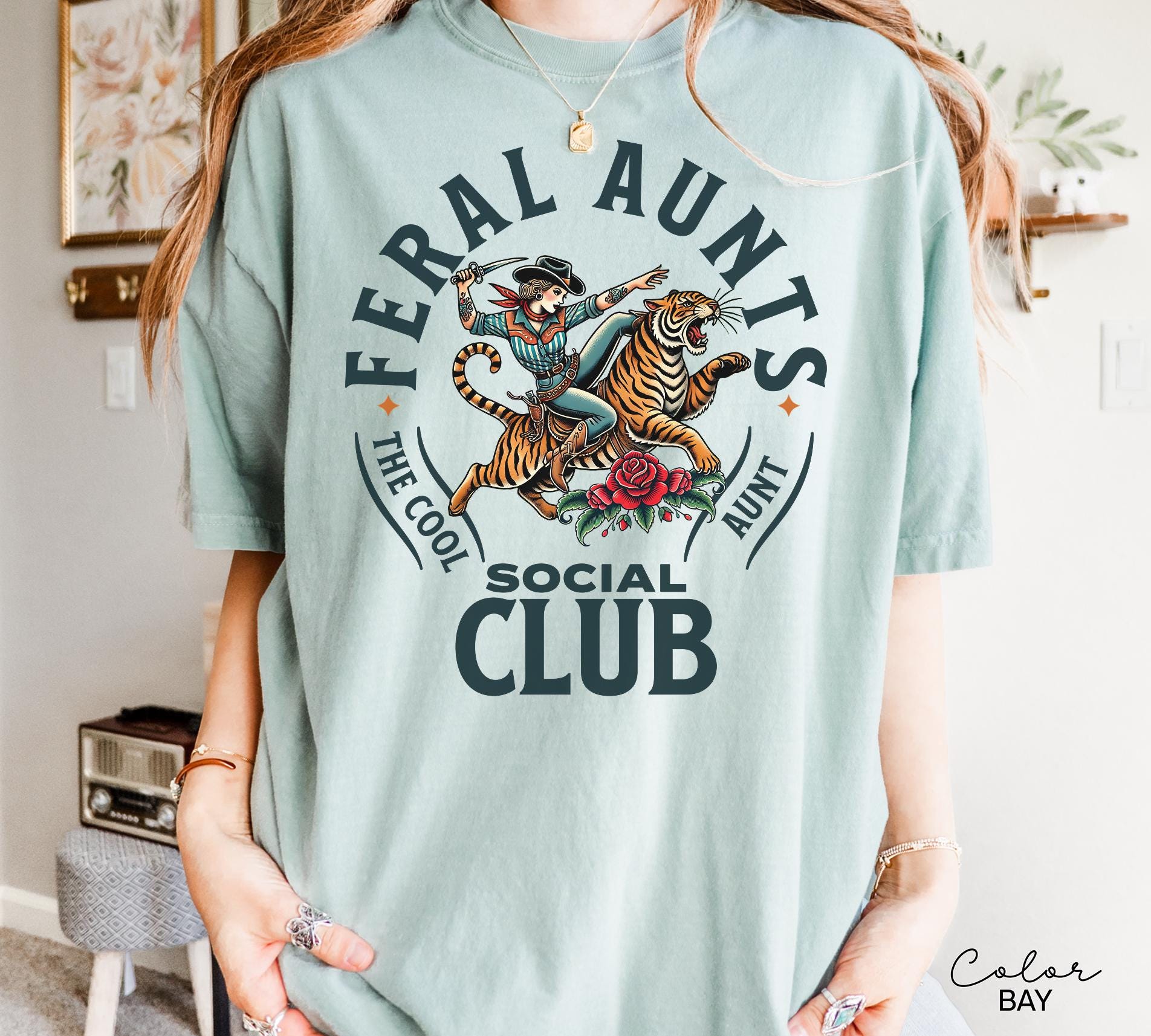 Feral Aunt Social Club Retro Tiger T-Shirt for Pregnancy Reveal