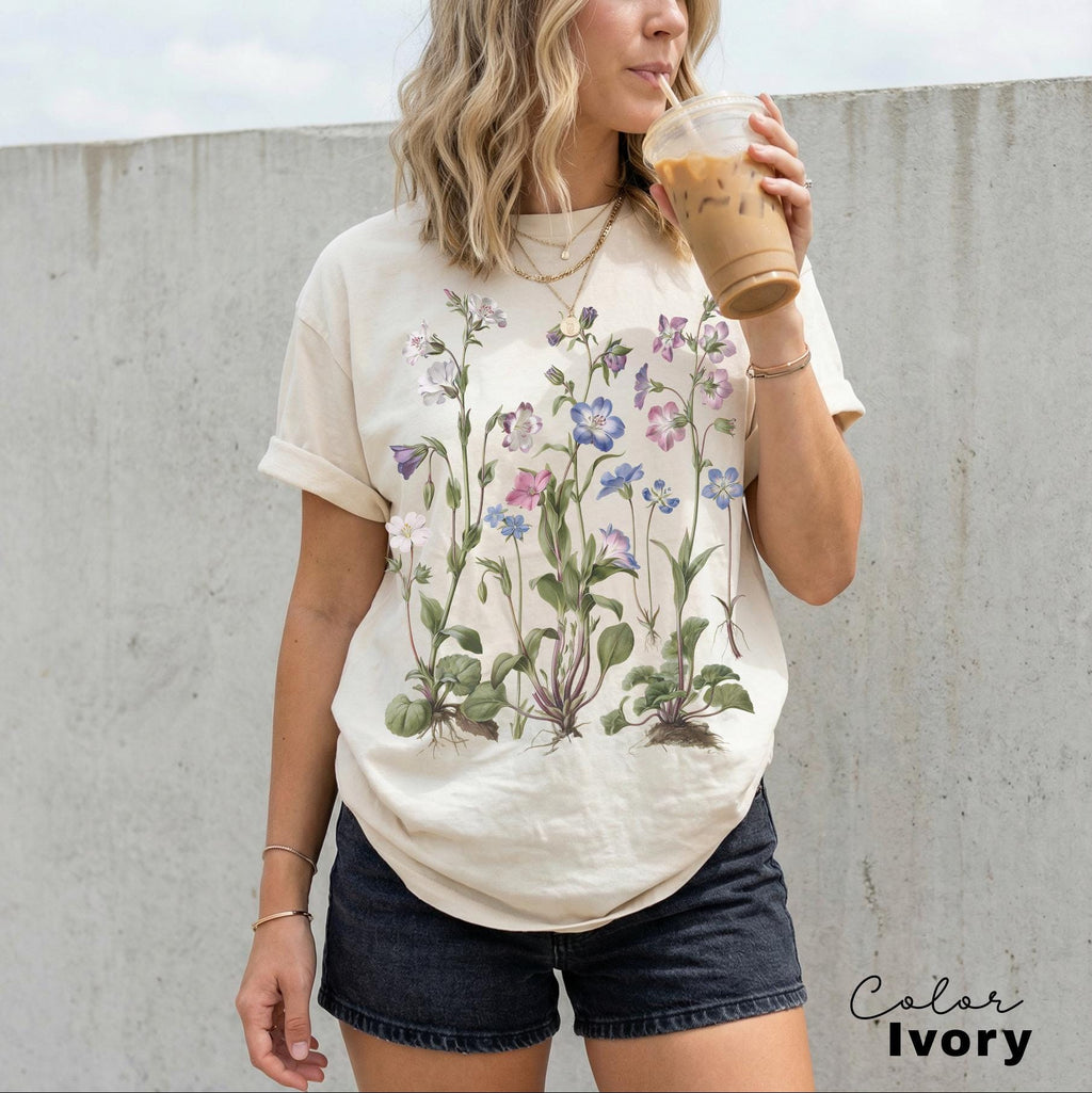 Vintage Wildflower Botanical Graphic Tee, Retro Cottagecore Comfort Colors® T-Shirt, Garden Flower Shirt
