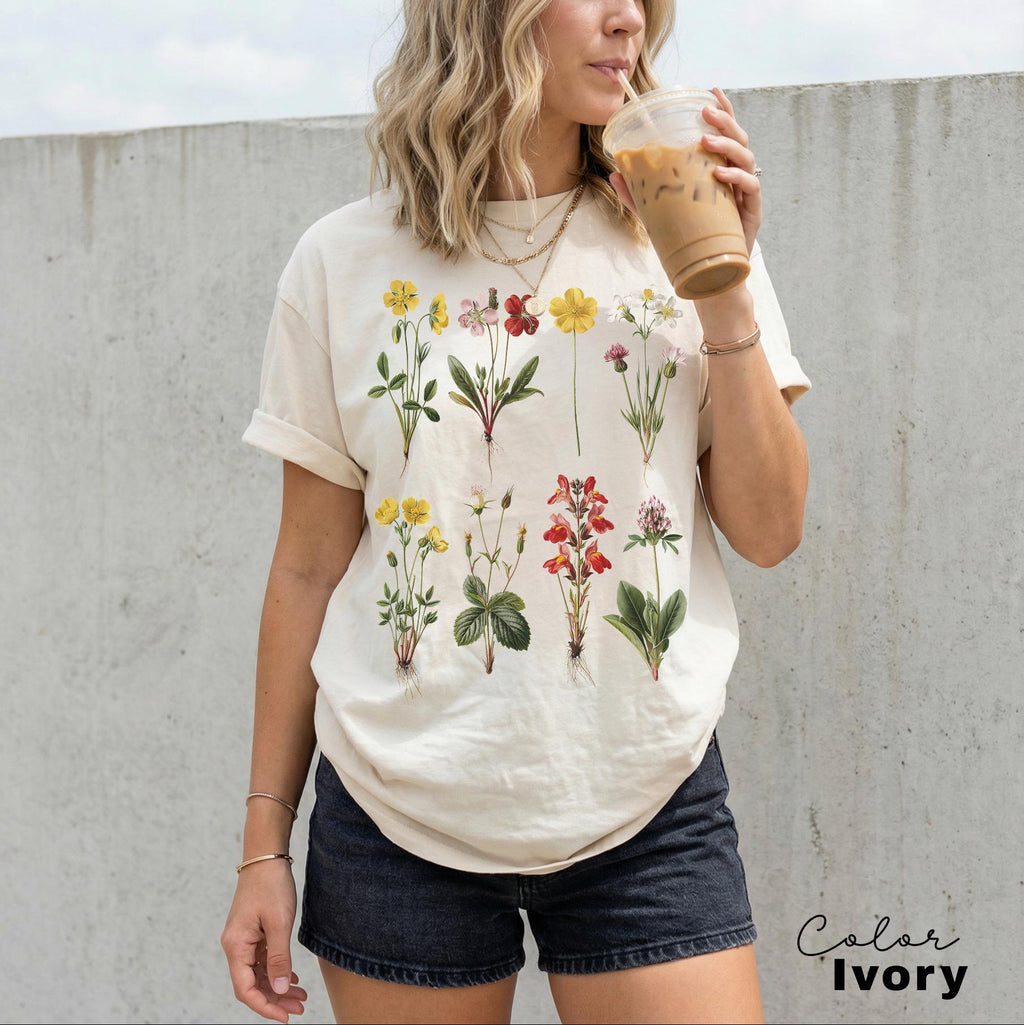 Vintage Wildflower Botanical Graphic Tee, Retro Cottagecore Comfort Colors® T-Shirt, Garden Flower Shirt