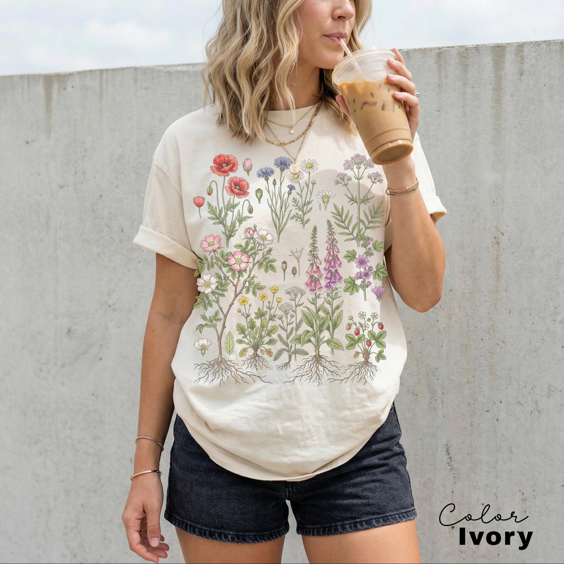 Vintage Wildflower Botanical Graphic Tee, Retro Cottagecore Comfort Colors® T-Shirt, Garden Flower Shirt