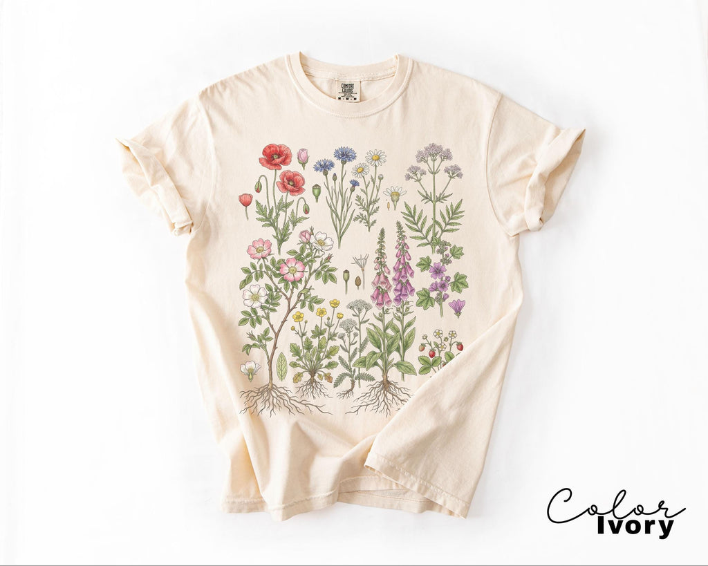 Vintage Wildflower Botanical Graphic Tee, Retro Cottagecore Comfort Colors® T-Shirt, Garden Flower Shirt