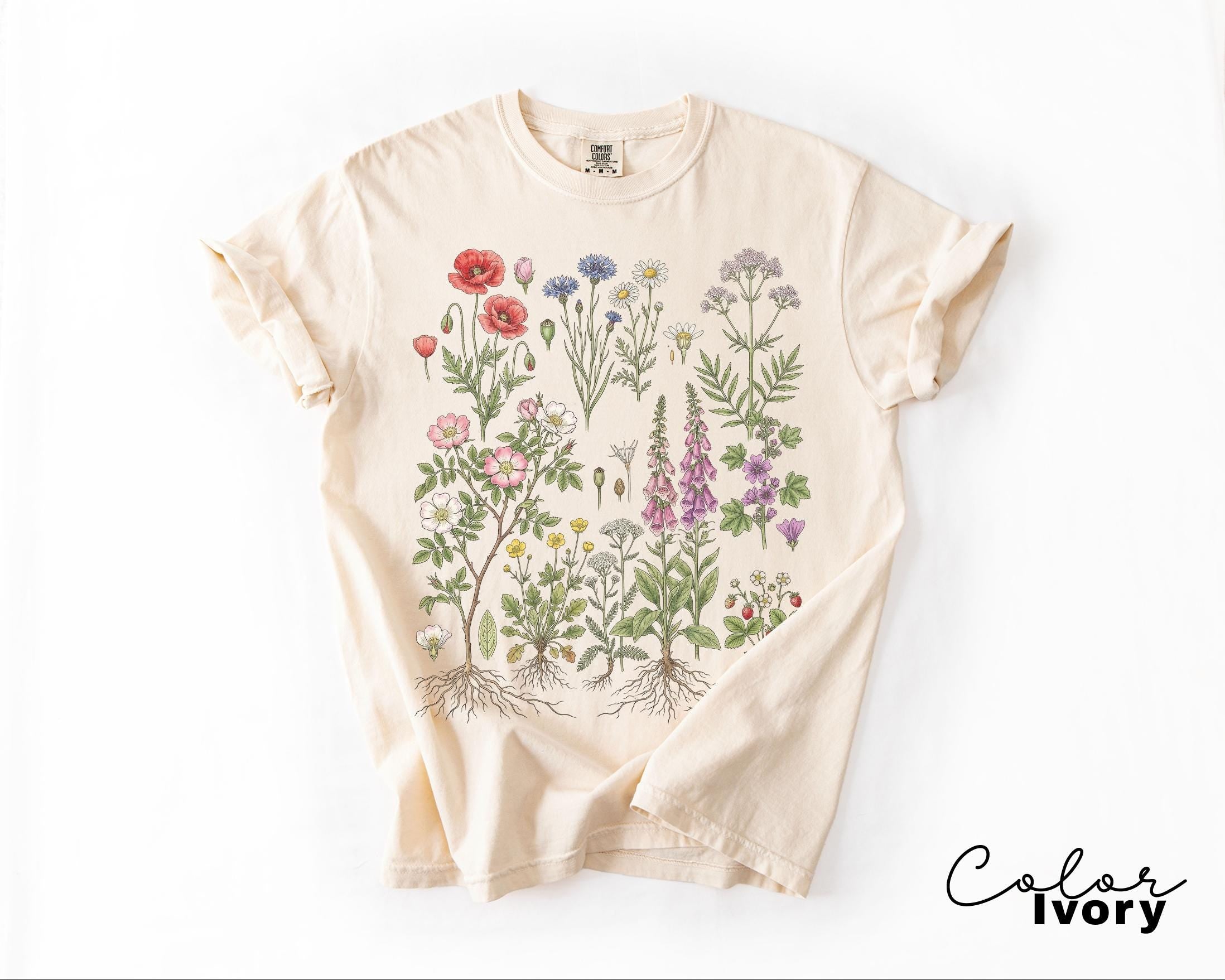 Vintage Wildflower Botanical Graphic Tee, Retro Cottagecore Comfort Colors® T-Shirt, Garden Flower Shirt
