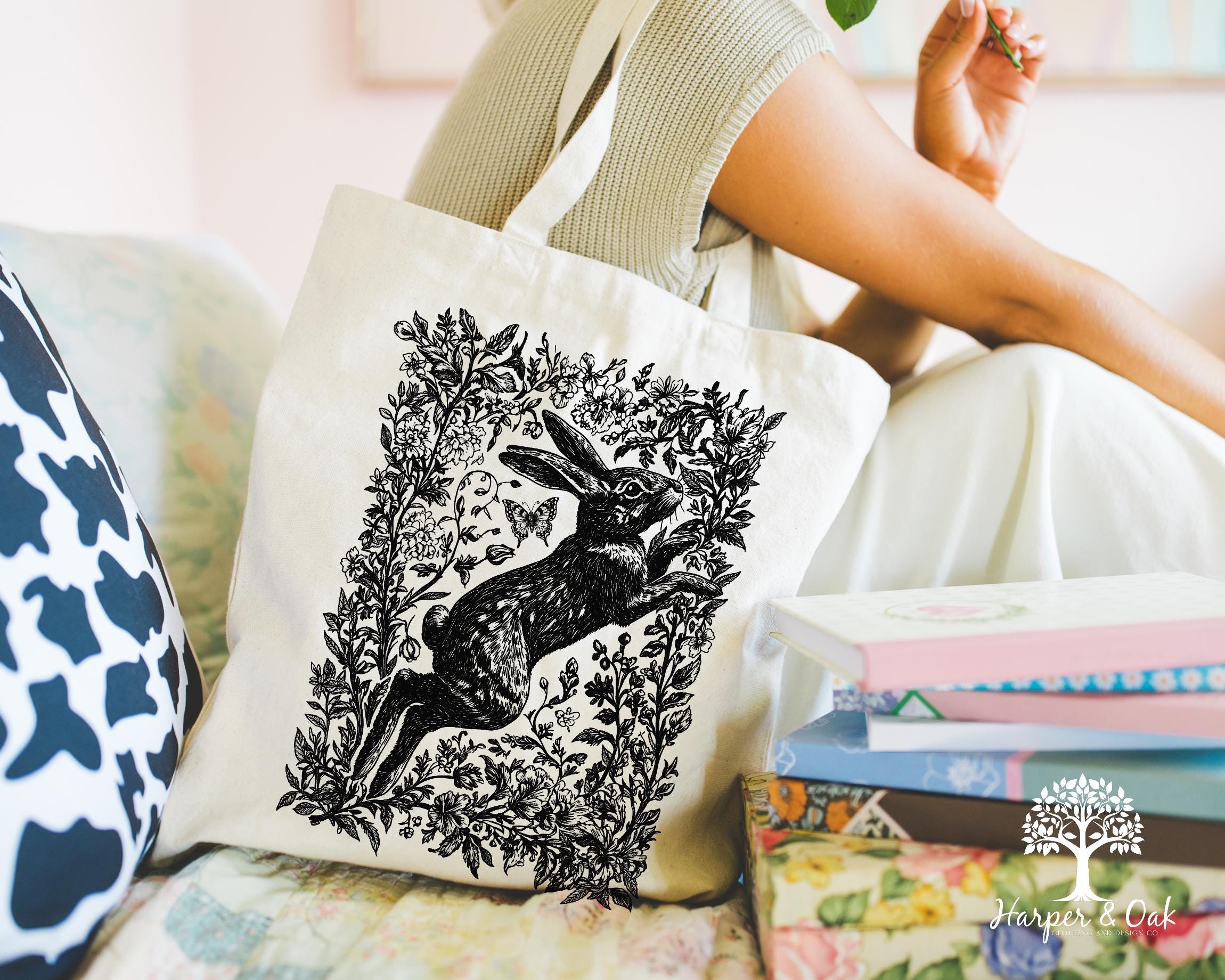 Rabbit Floral Tote Bag, Cottagecore, Nature Lover Canvas Bag