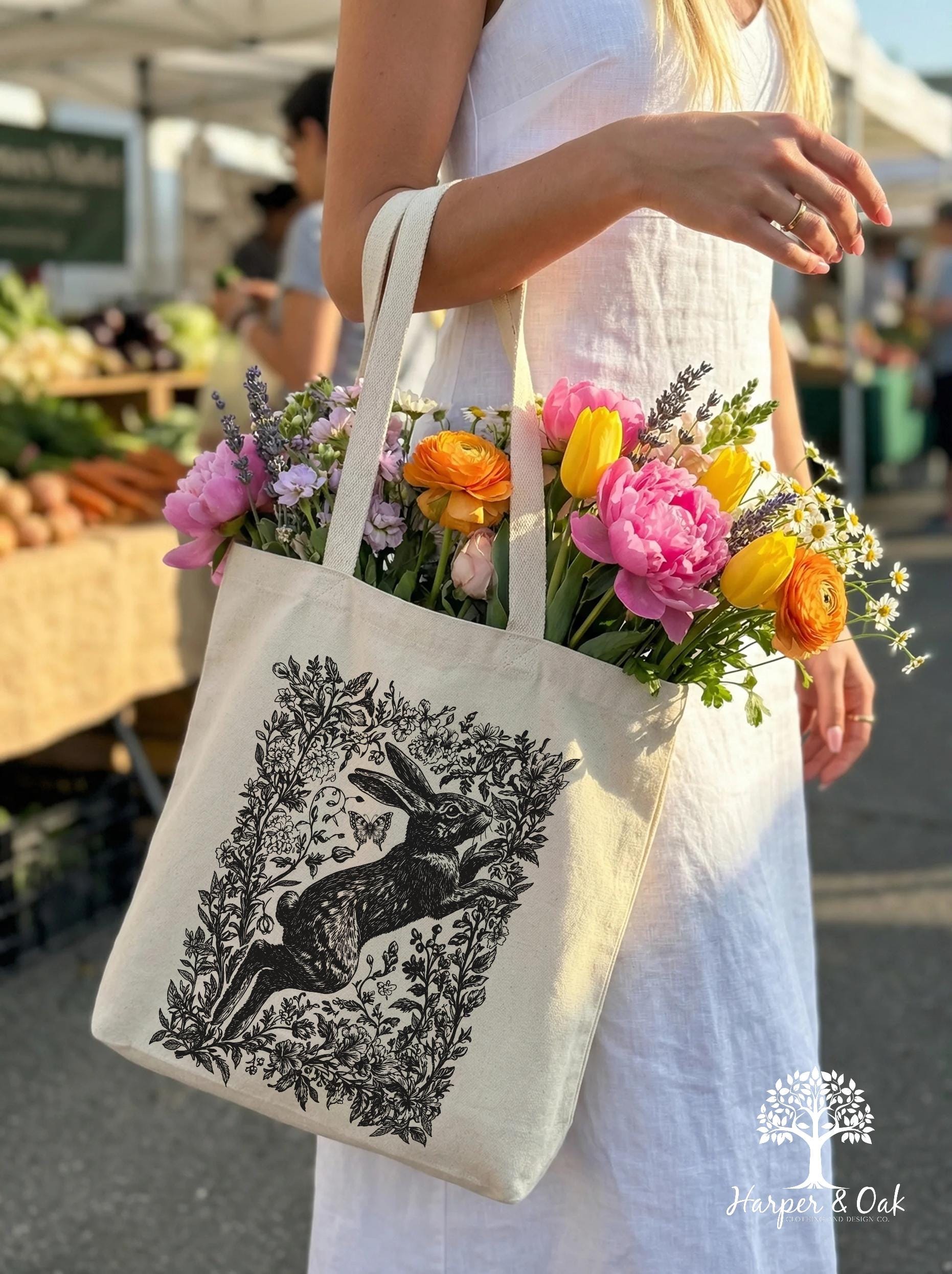 Rabbit Floral Tote Bag, Cottagecore, Nature Lover Canvas Bag