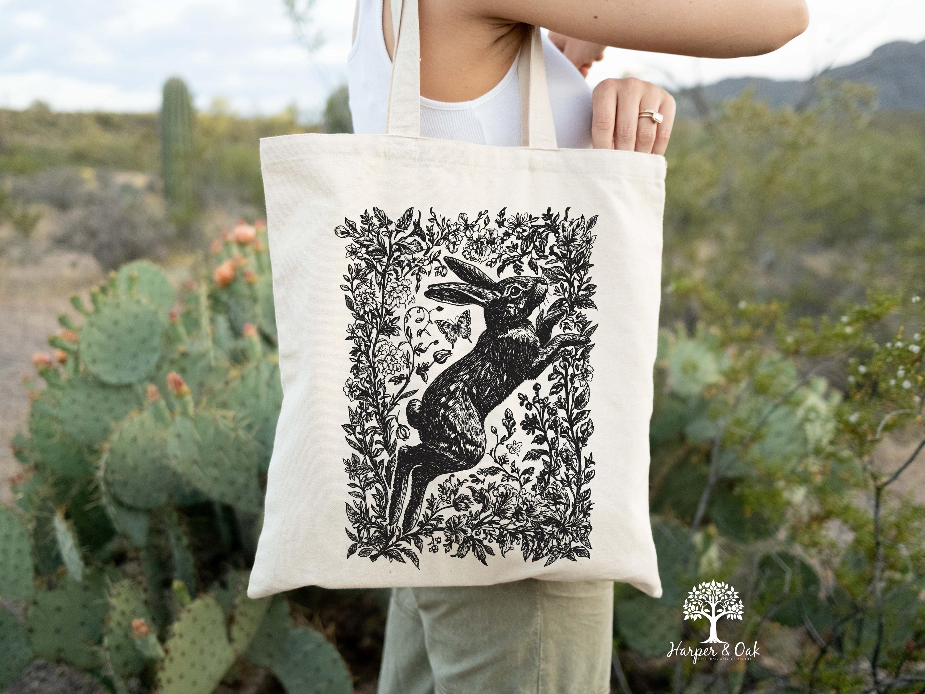 Rabbit Floral Tote Bag, Cottagecore, Nature Lover Canvas Bag