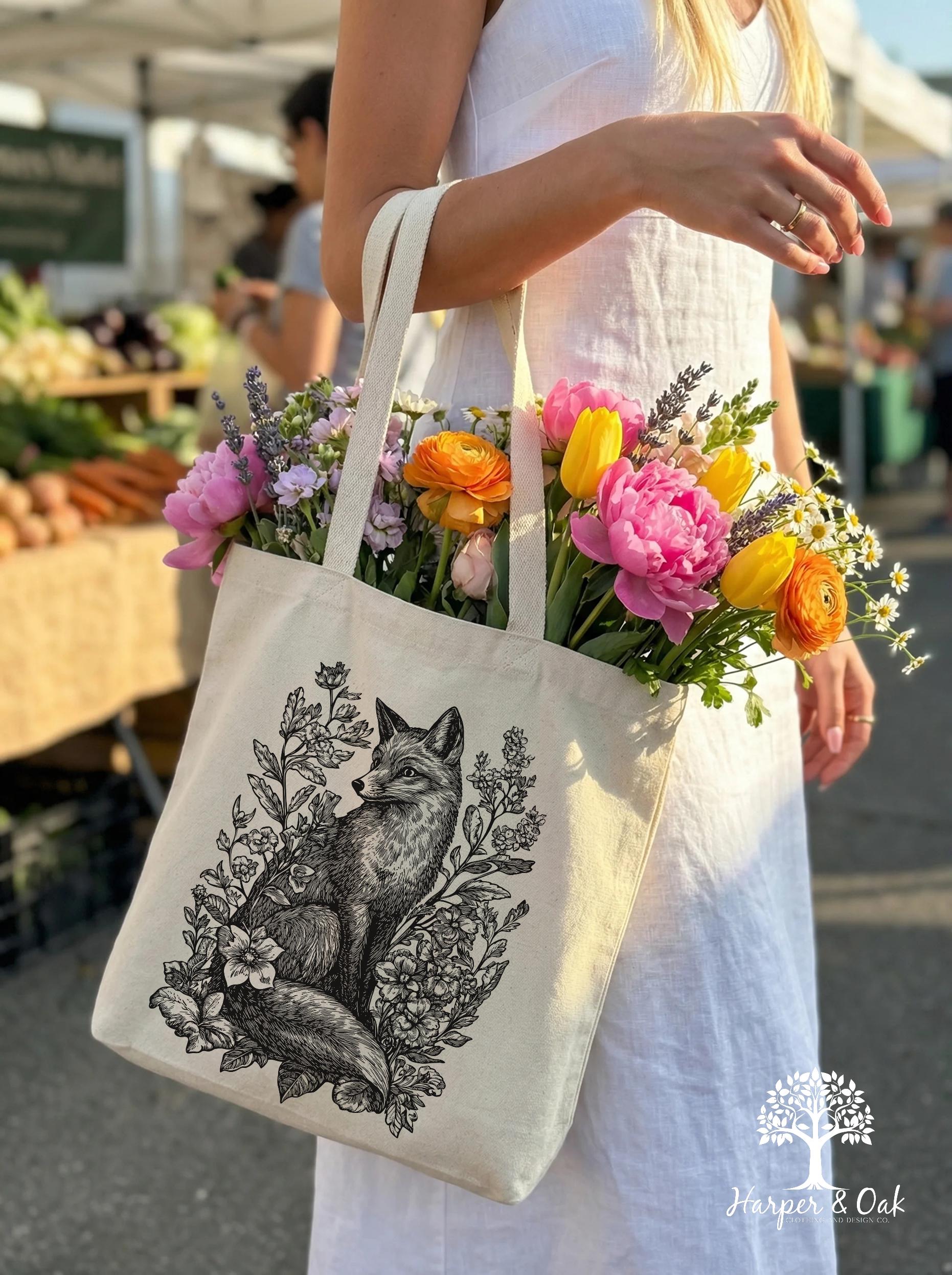 Fox Floral Tote Bag, Cottagecore Nature Lover, Spring Tote Bag