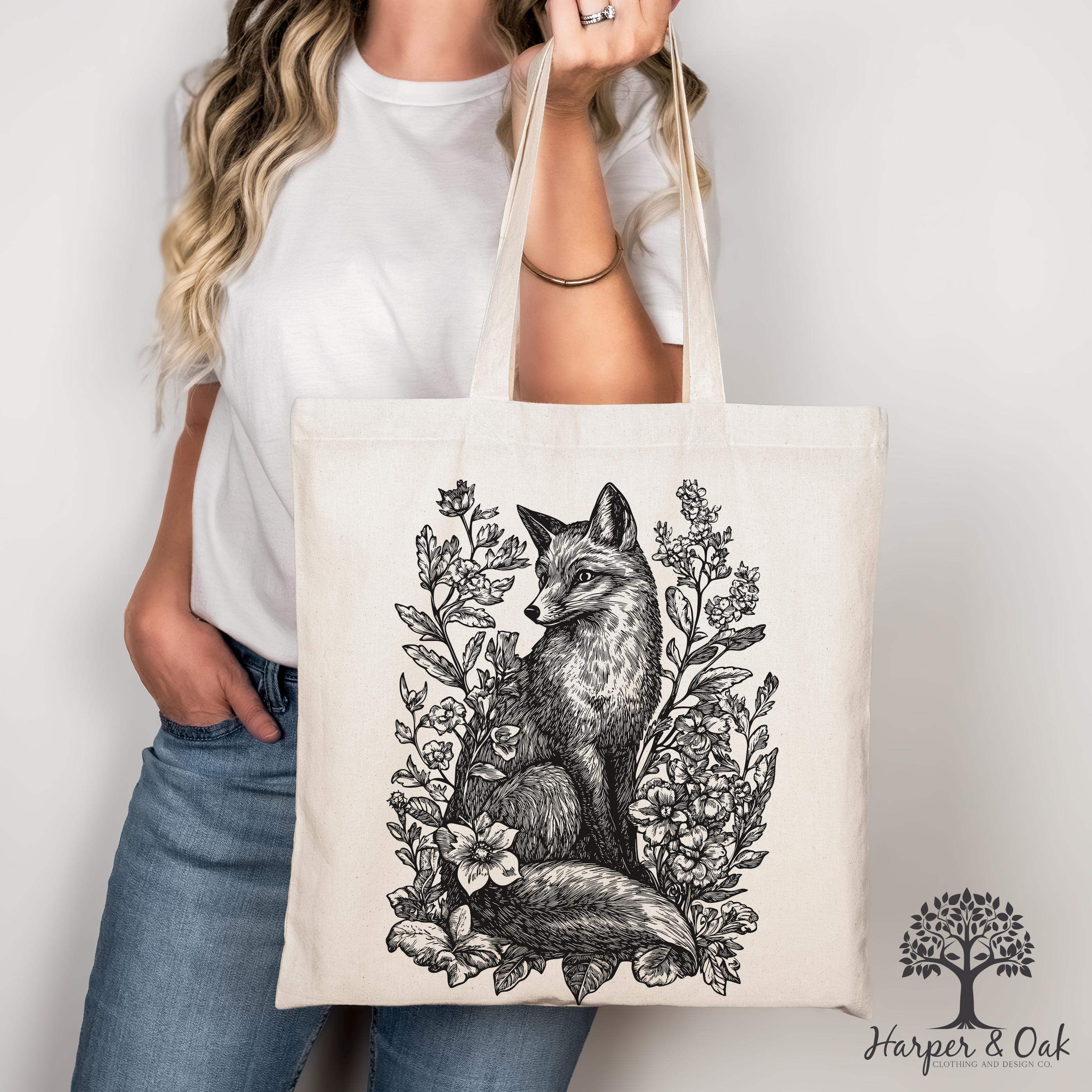 Fox Floral Tote Bag, Cottagecore Nature Lover, Spring Tote Bag