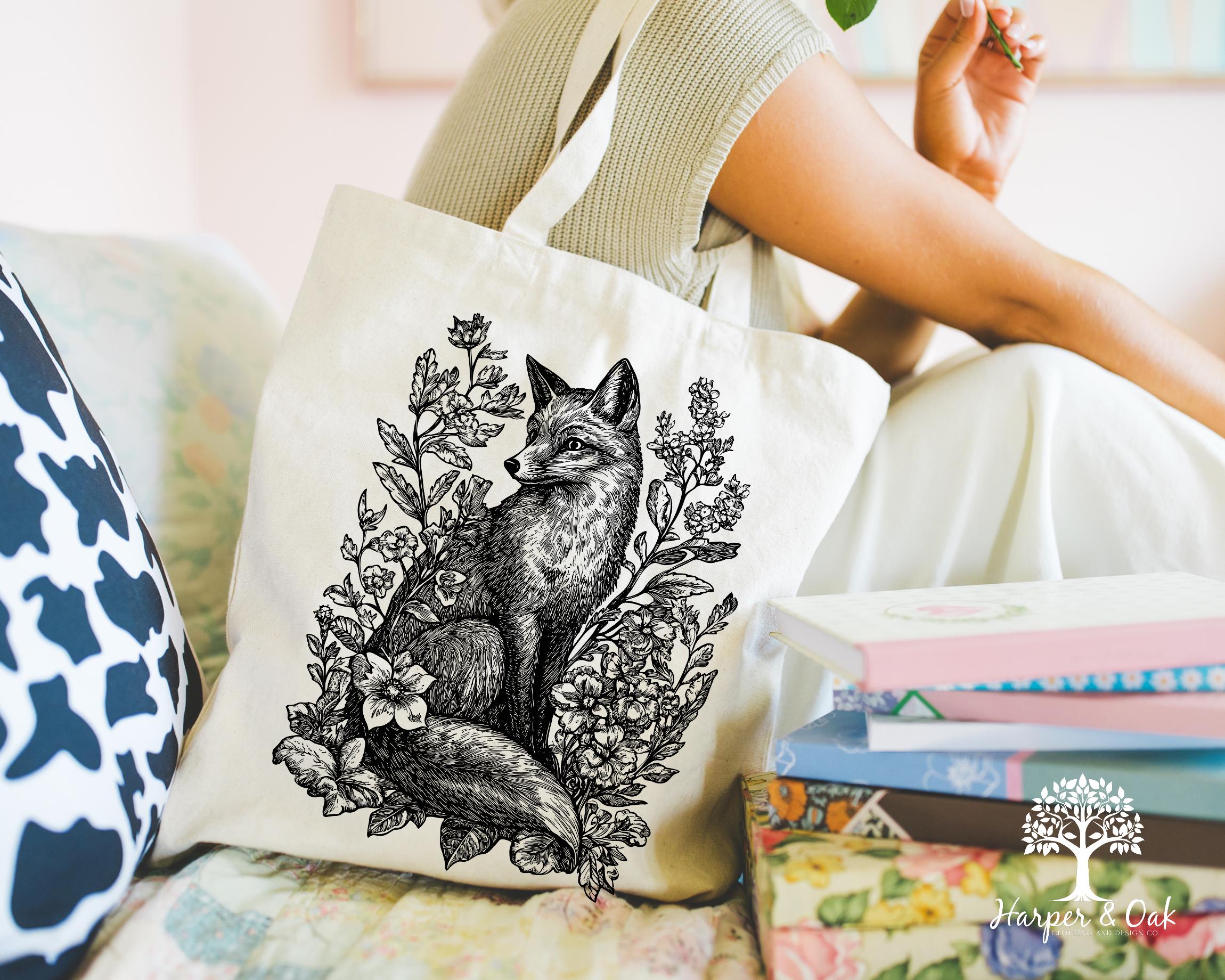 Fox Floral Tote Bag, Cottagecore Nature Lover, Spring Tote Bag