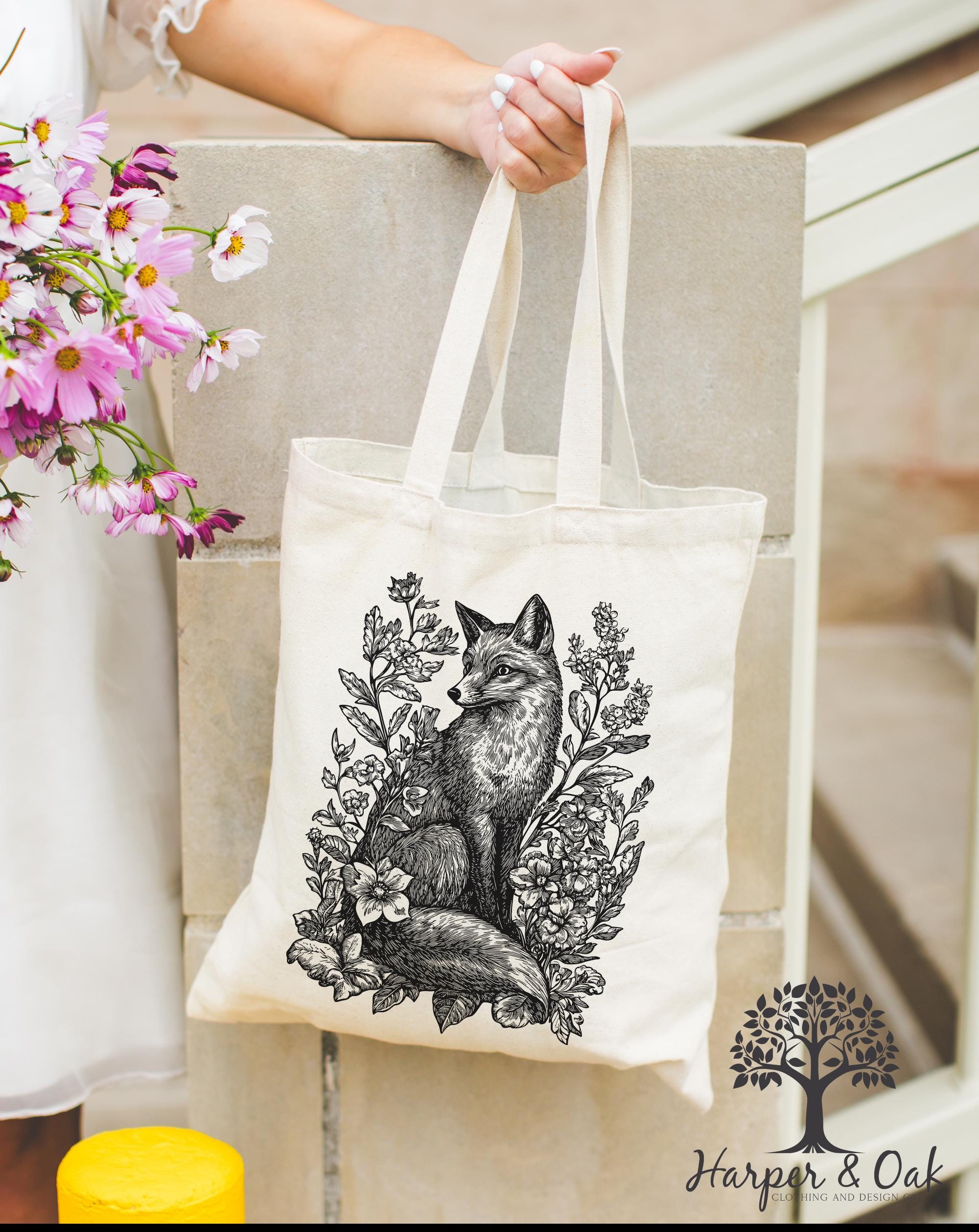 Fox Floral Tote Bag, Cottagecore Nature Lover, Spring Tote Bag