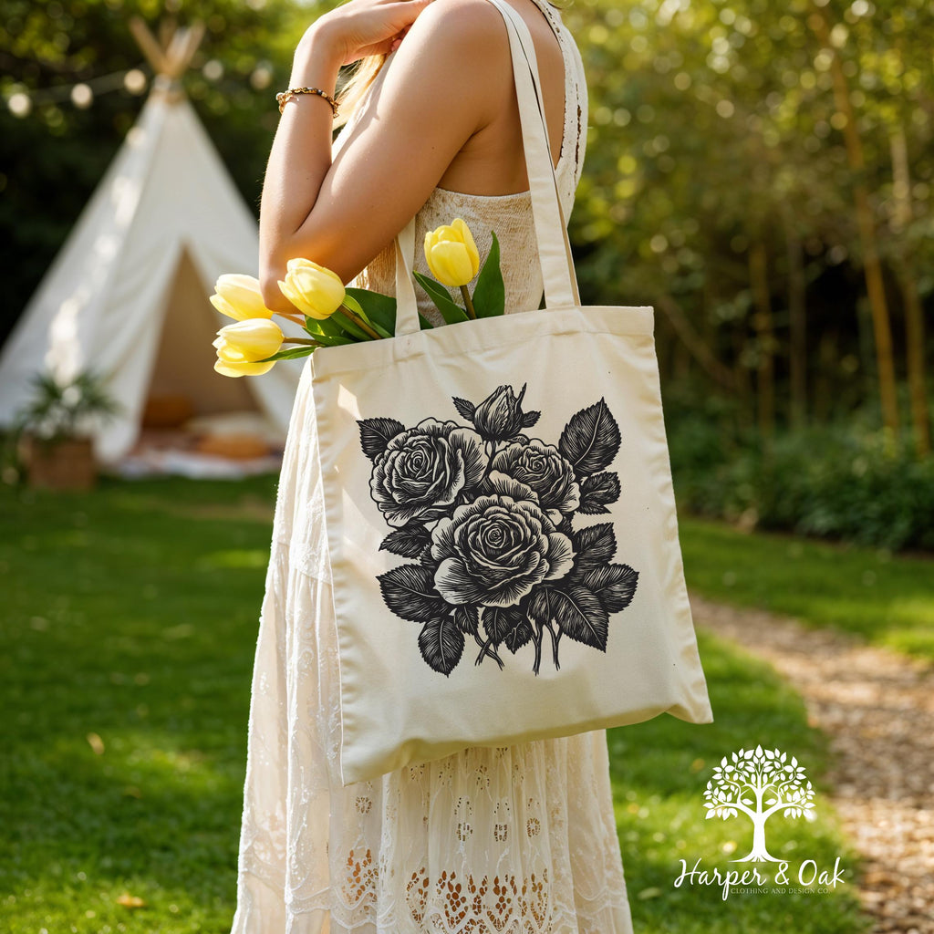 Retro Linocut Flower Tote Bag, Retro Floral Canvas Tote, Cottagecore Boho Botanical Bag, Dark Academia Tote
