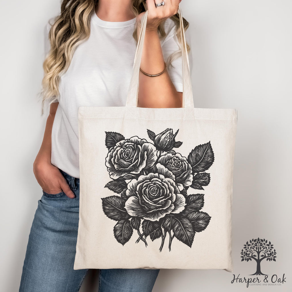 Retro Linocut Flower Tote Bag, Retro Floral Canvas Tote, Cottagecore Boho Botanical Bag, Dark Academia Tote