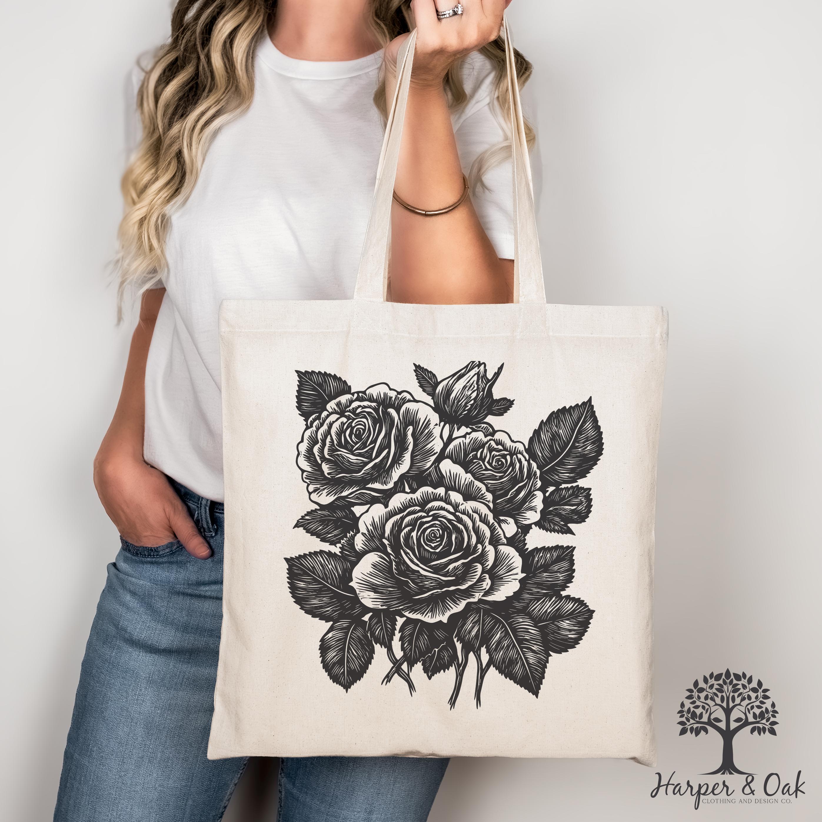 Retro Linocut Flower Tote Bag, Retro Floral Canvas Tote, Cottagecore Boho Botanical Bag, Dark Academia Tote