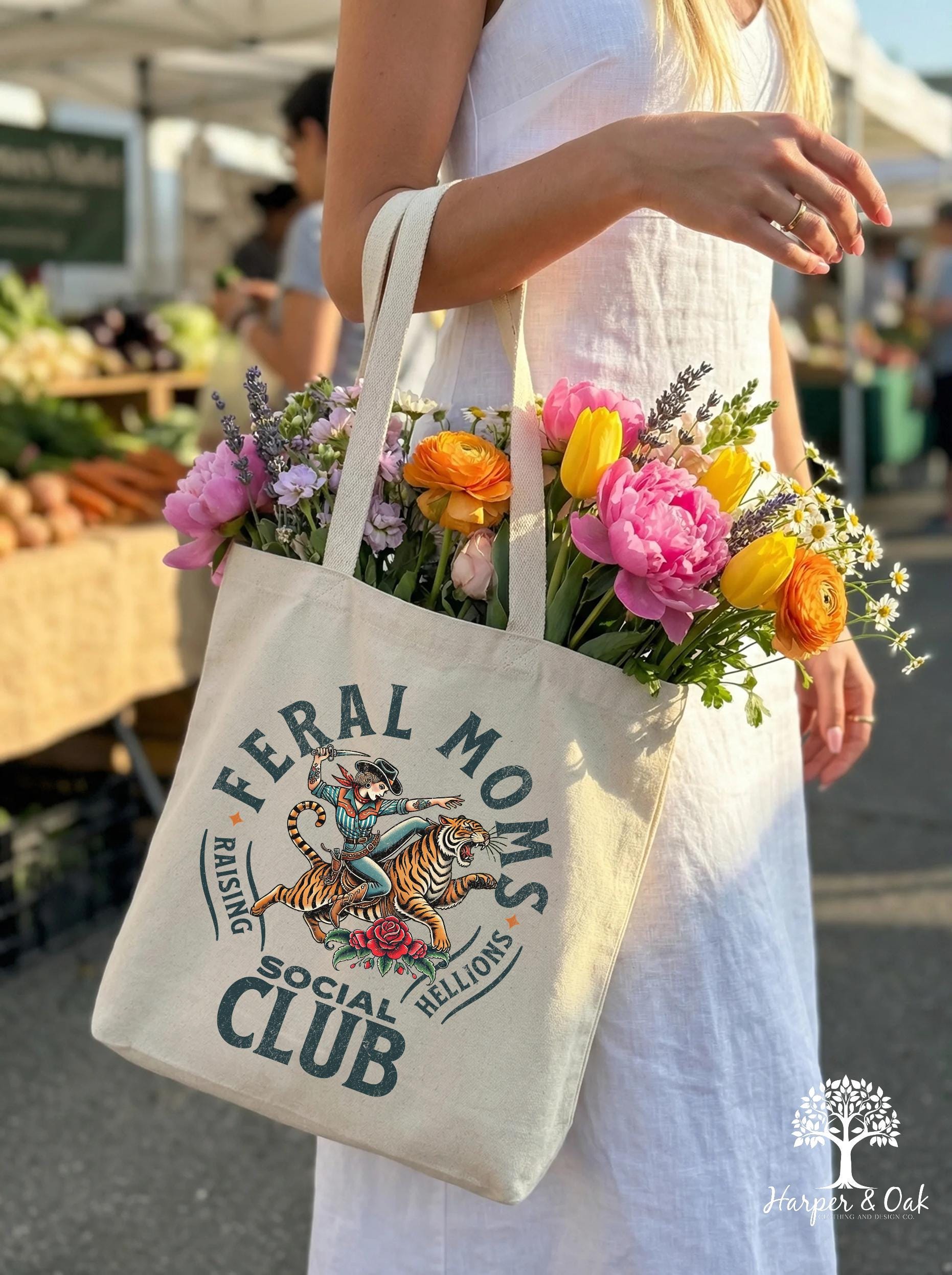 Feral Moms Social Club Tote Bag, Vintage Graphic Tote, Feral Mom Gift, Somebody's Feral Wife, Mom Life Tote, Trendy Mom Bag