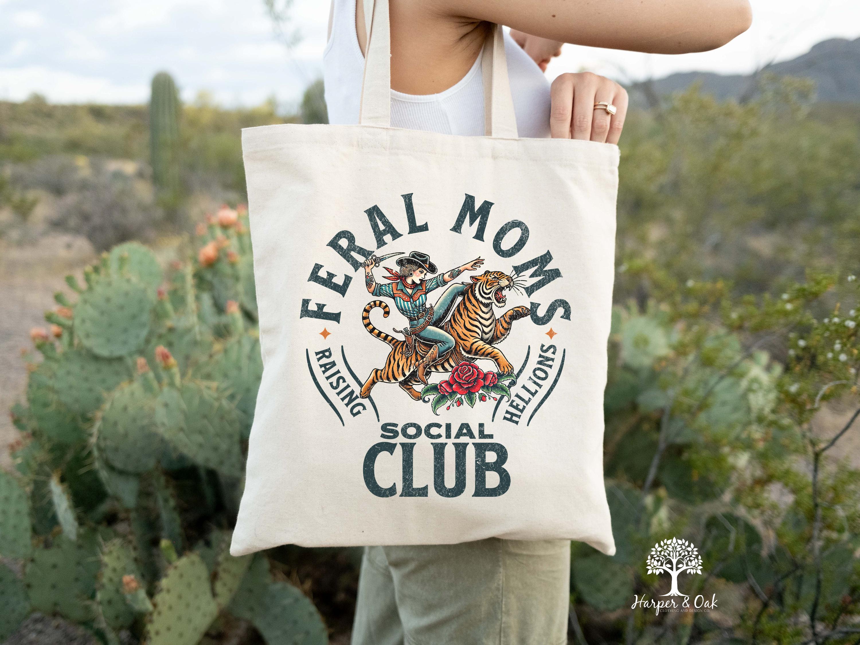 Feral Moms Social Club Tote Bag, Vintage Graphic Tote, Feral Mom Gift, Somebody's Feral Wife, Mom Life Tote, Trendy Mom Bag