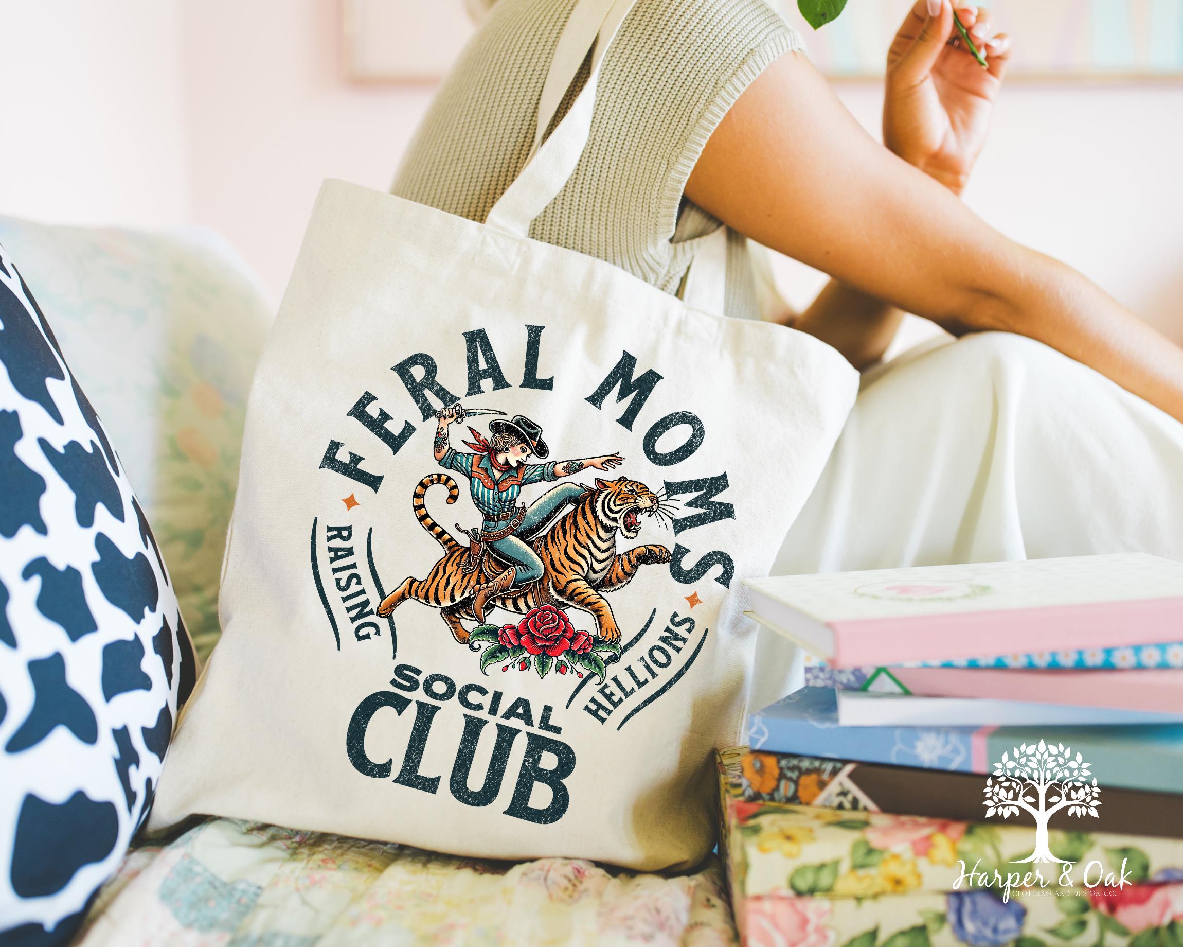 Feral Moms Social Club Tote Bag, Vintage Graphic Tote, Feral Mom Gift, Somebody's Feral Wife, Mom Life Tote, Trendy Mom Bag