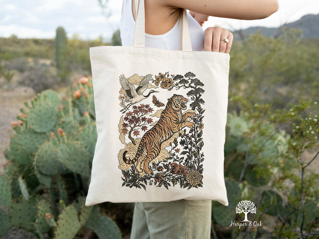 Retro Tiger Tote Bag, Animal Gift for Tiger Lover, Wild Cat Canvas Tote, Linocut Style, Boho Cottagecore Bag