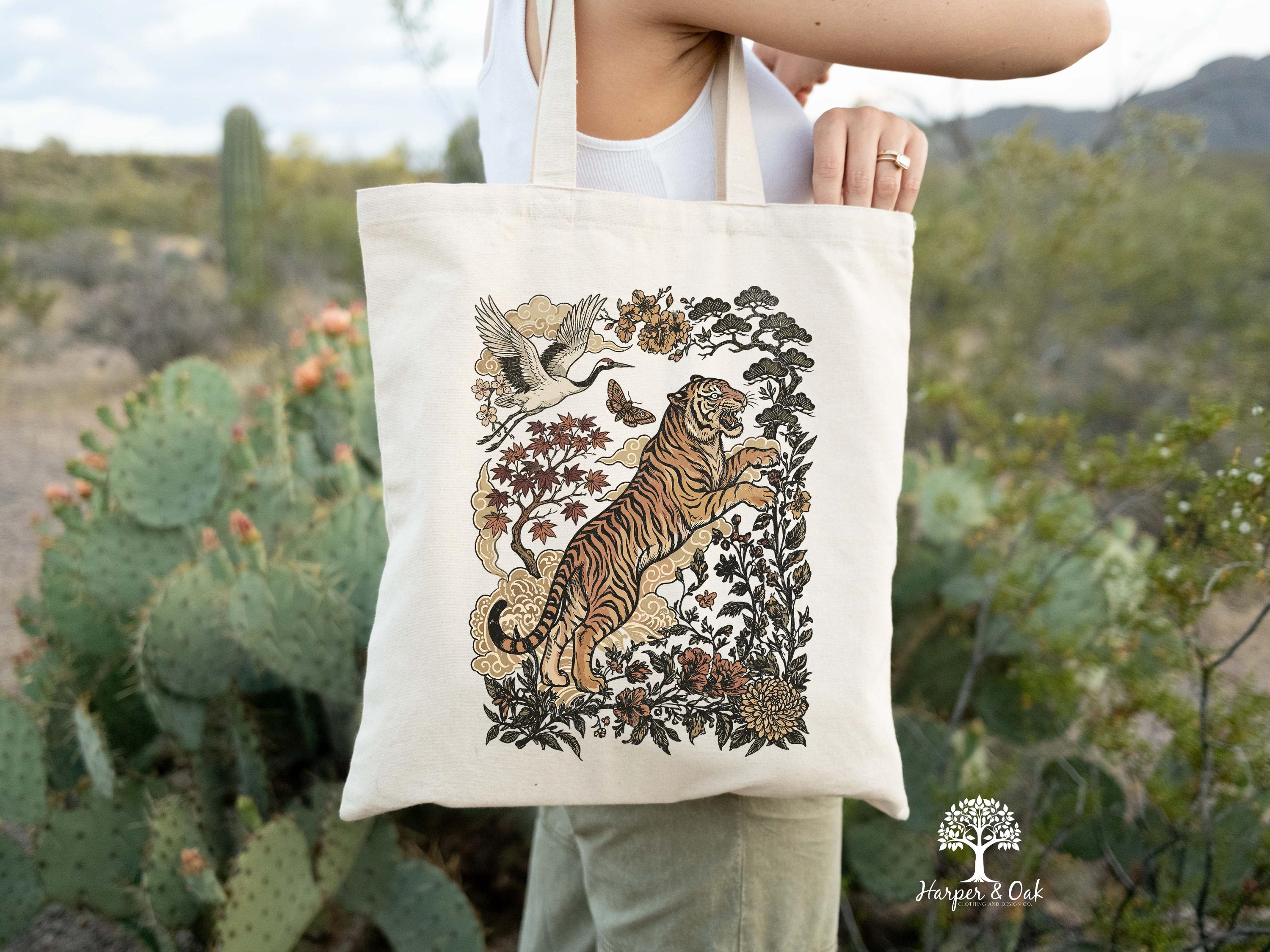 Retro Tiger Tote Bag, Animal Gift for Tiger Lover, Wild Cat Canvas Tote, Linocut Style, Boho Cottagecore Bag