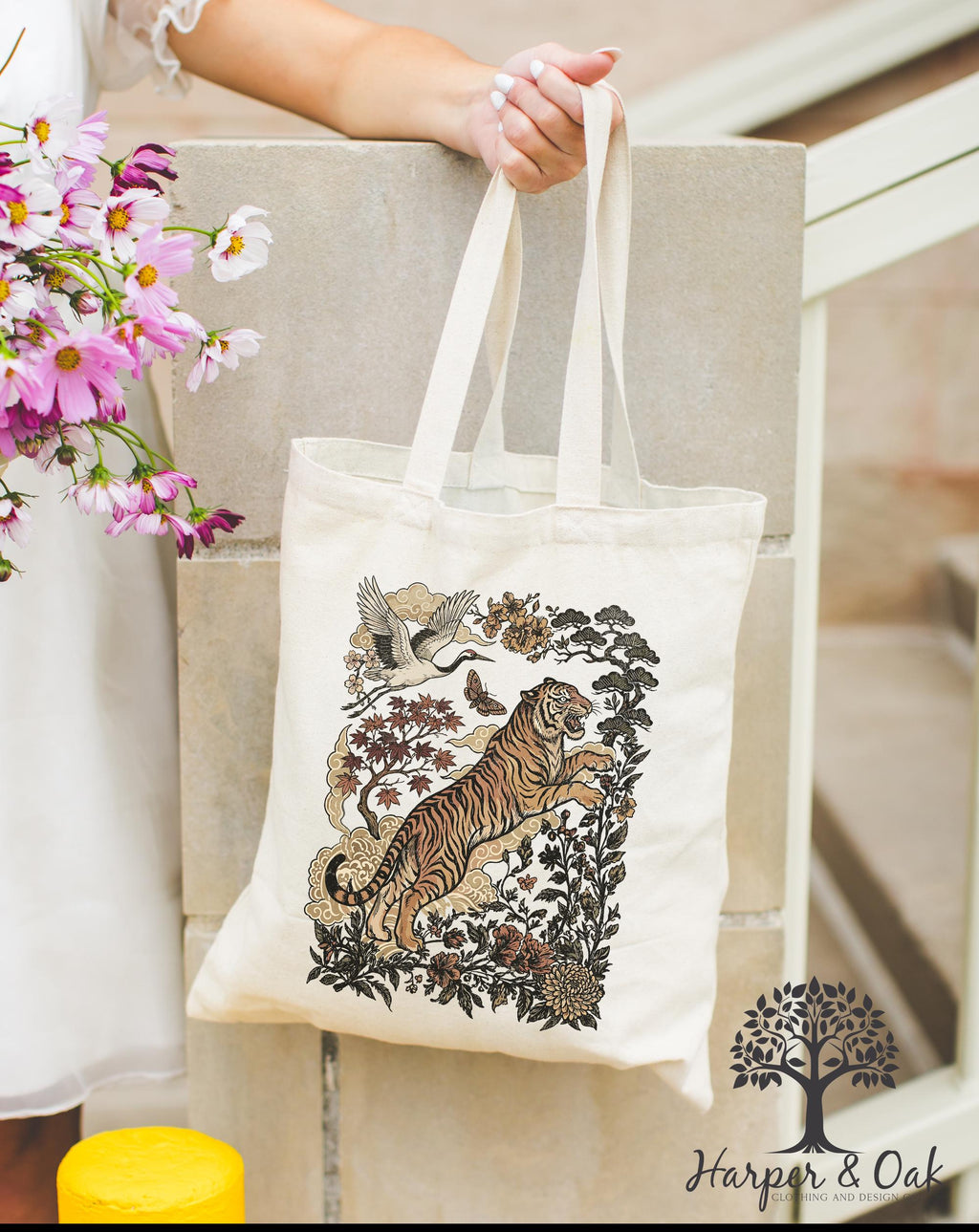 Retro Tiger Tote Bag, Animal Gift for Tiger Lover, Wild Cat Canvas Tote, Linocut Style, Boho Cottagecore Bag