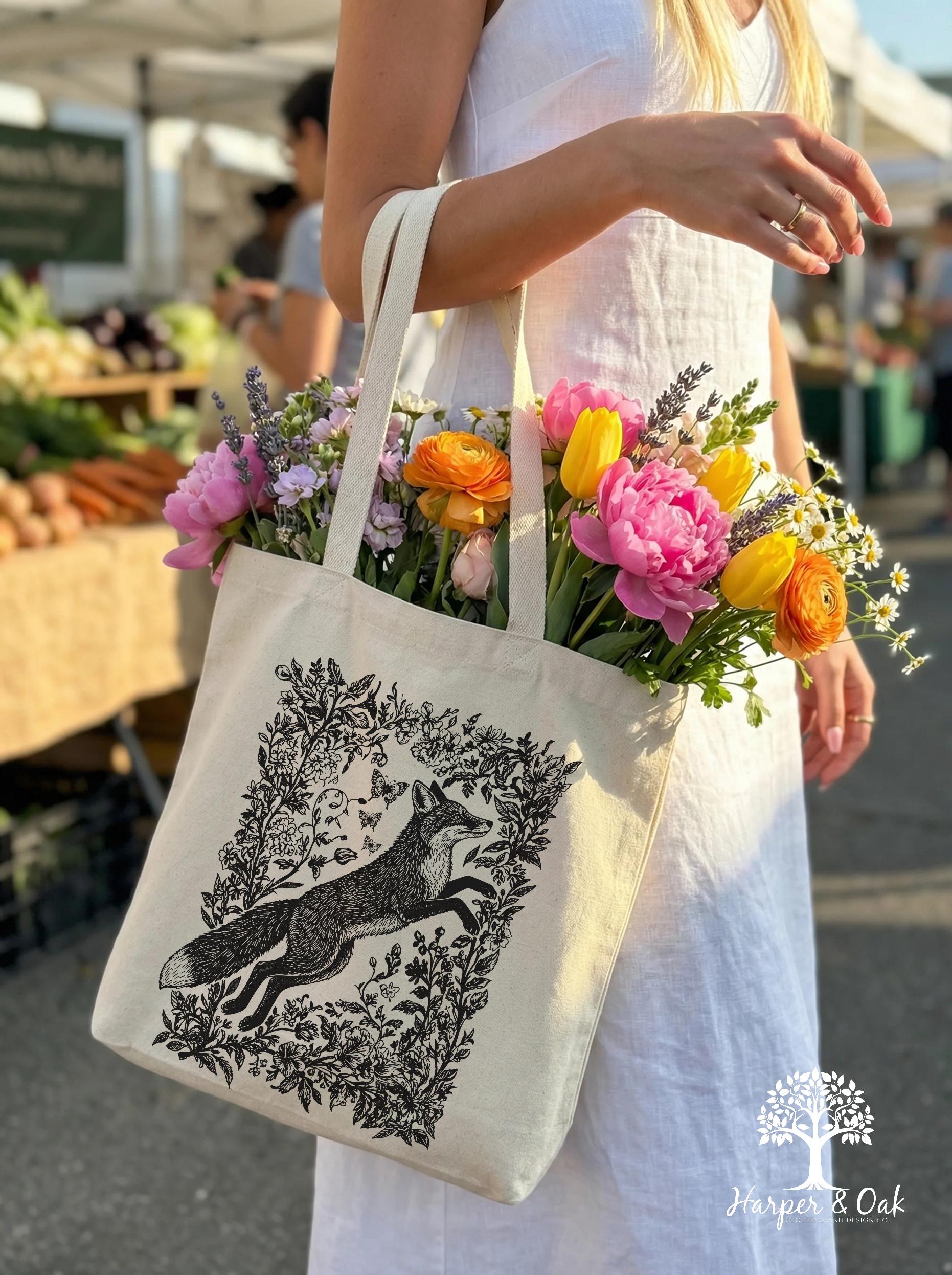 Cottagecore Fox Tote Bag, Wildflower Fox Canvas Tote, Folk Art Forest Animal Bag, Woodland Aesthetic Tote, Boho Tote Bag