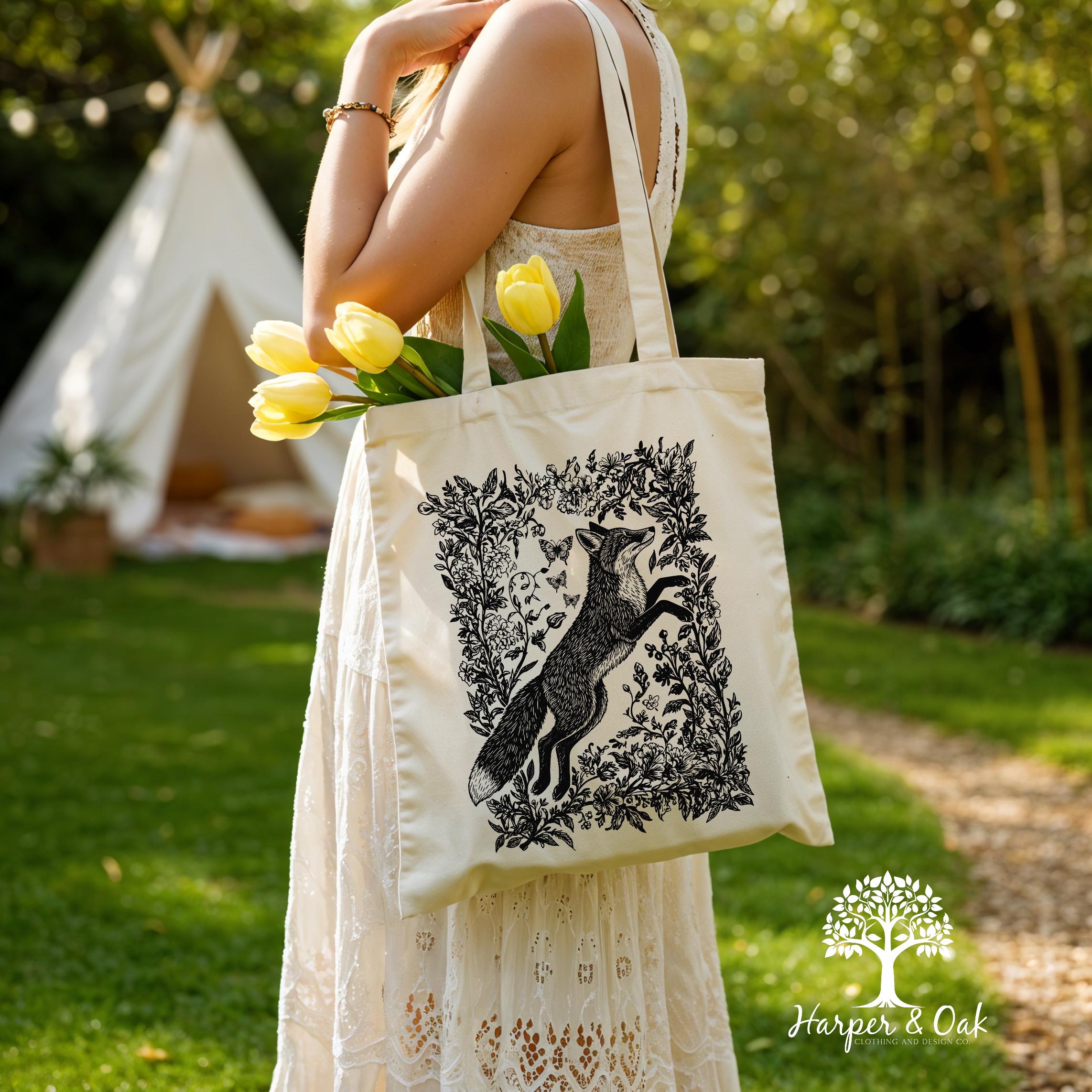 Cottagecore Fox Tote Bag, Wildflower Fox Canvas Tote, Folk Art Forest Animal Bag, Woodland Aesthetic Tote, Boho Tote Bag