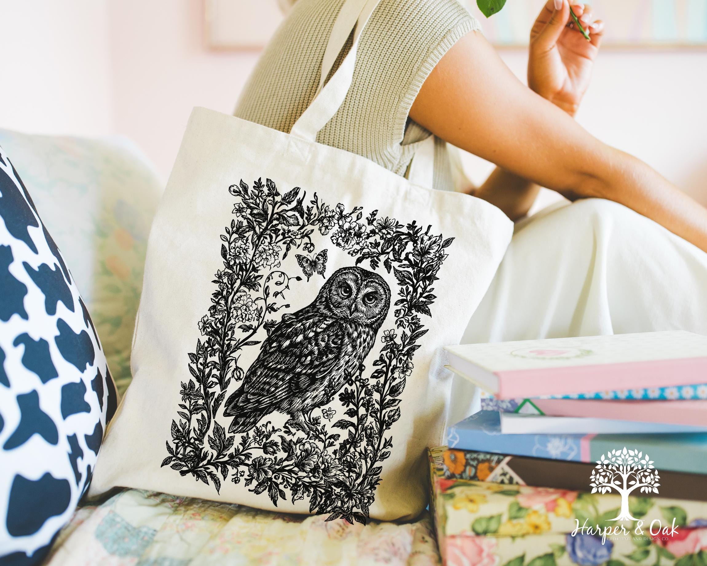 Cottagecore Owl Tote Bag, Floral Canvas Tote, Folk Art Forest Animal Bag, Woodland Aesthetic Tote, Boho Tote Bag
