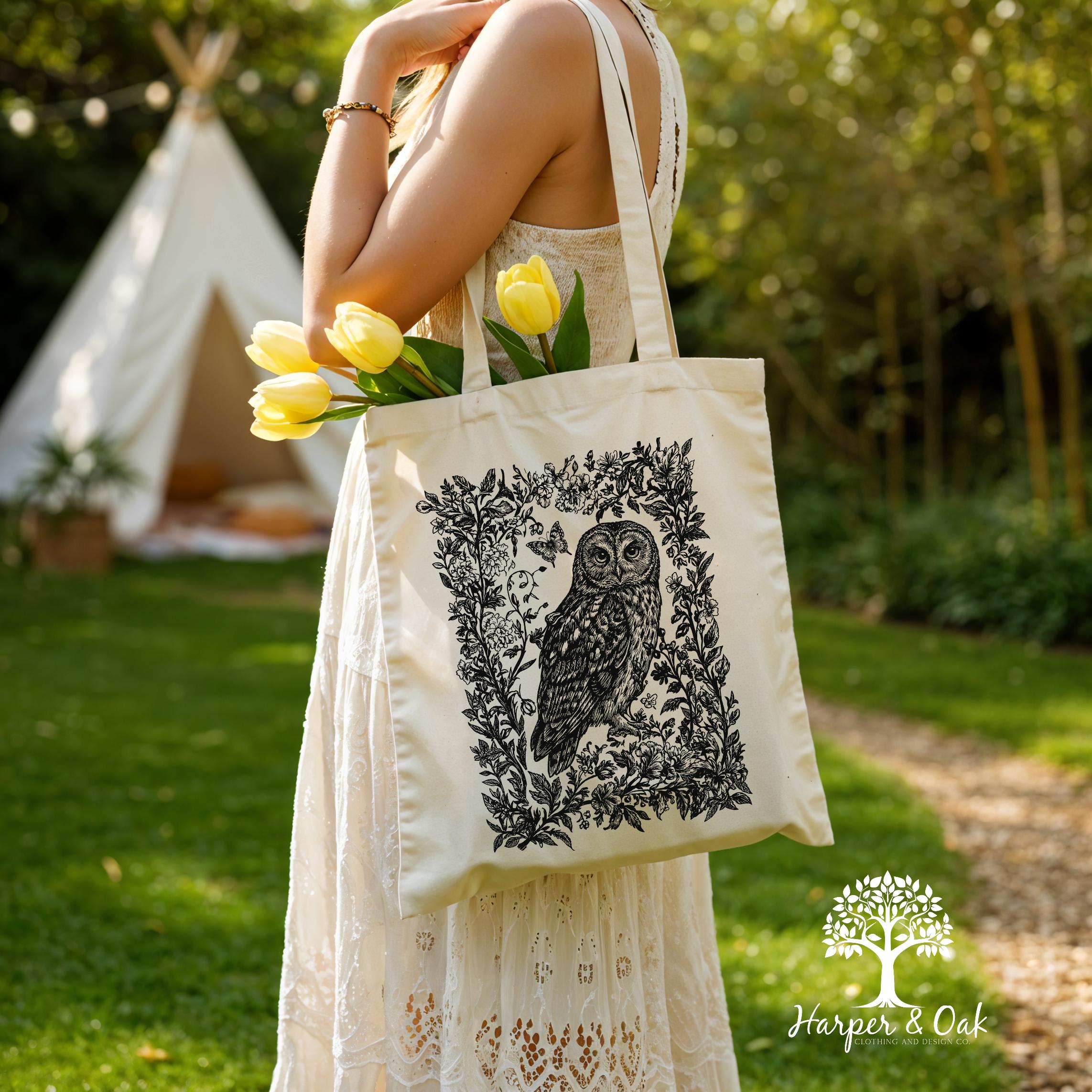 Cottagecore Owl Tote Bag, Floral Canvas Tote, Folk Art Forest Animal Bag, Woodland Aesthetic Tote, Boho Tote Bag