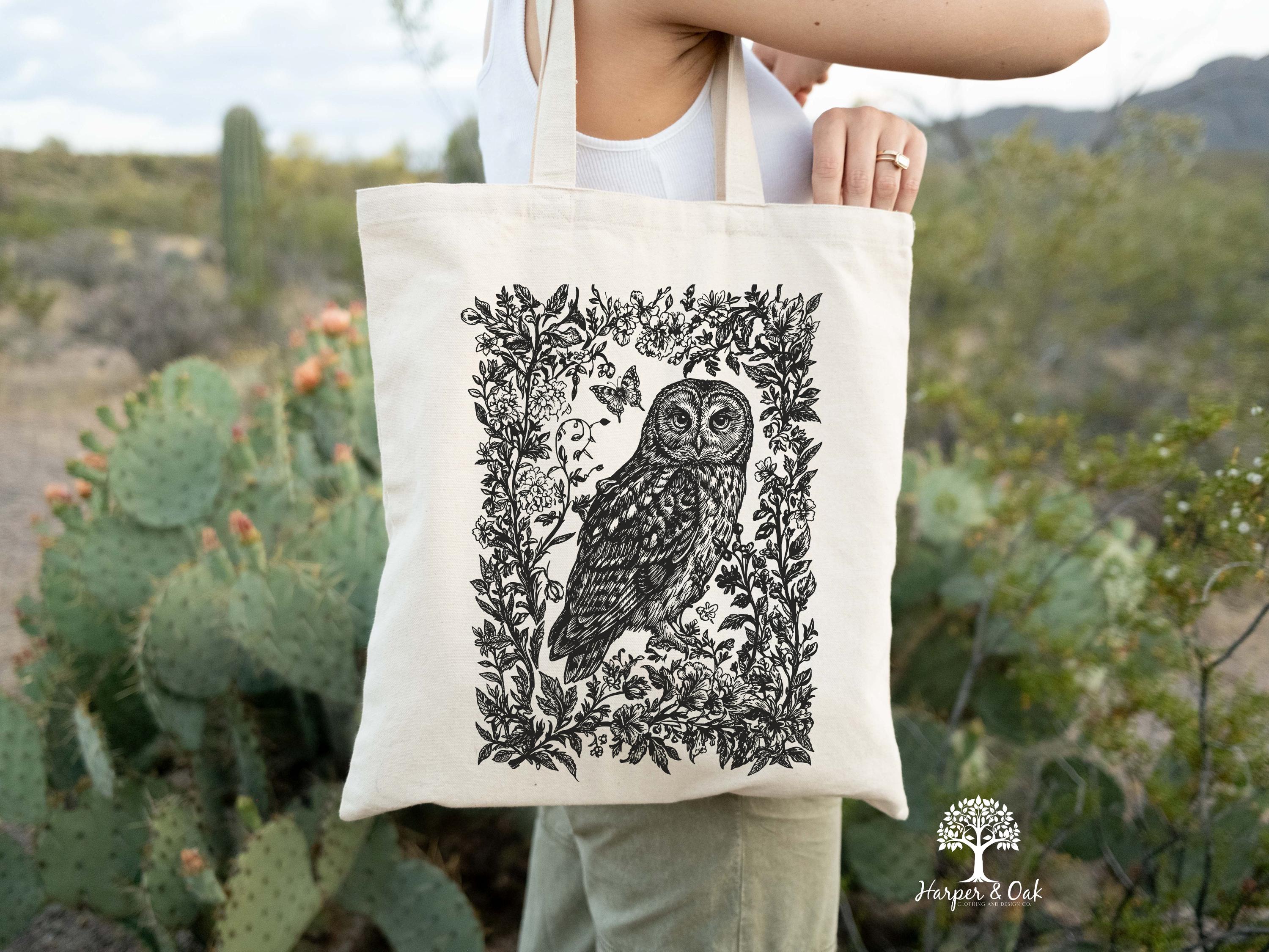 Cottagecore Owl Tote Bag, Floral Canvas Tote, Folk Art Forest Animal Bag, Woodland Aesthetic Tote, Boho Tote Bag
