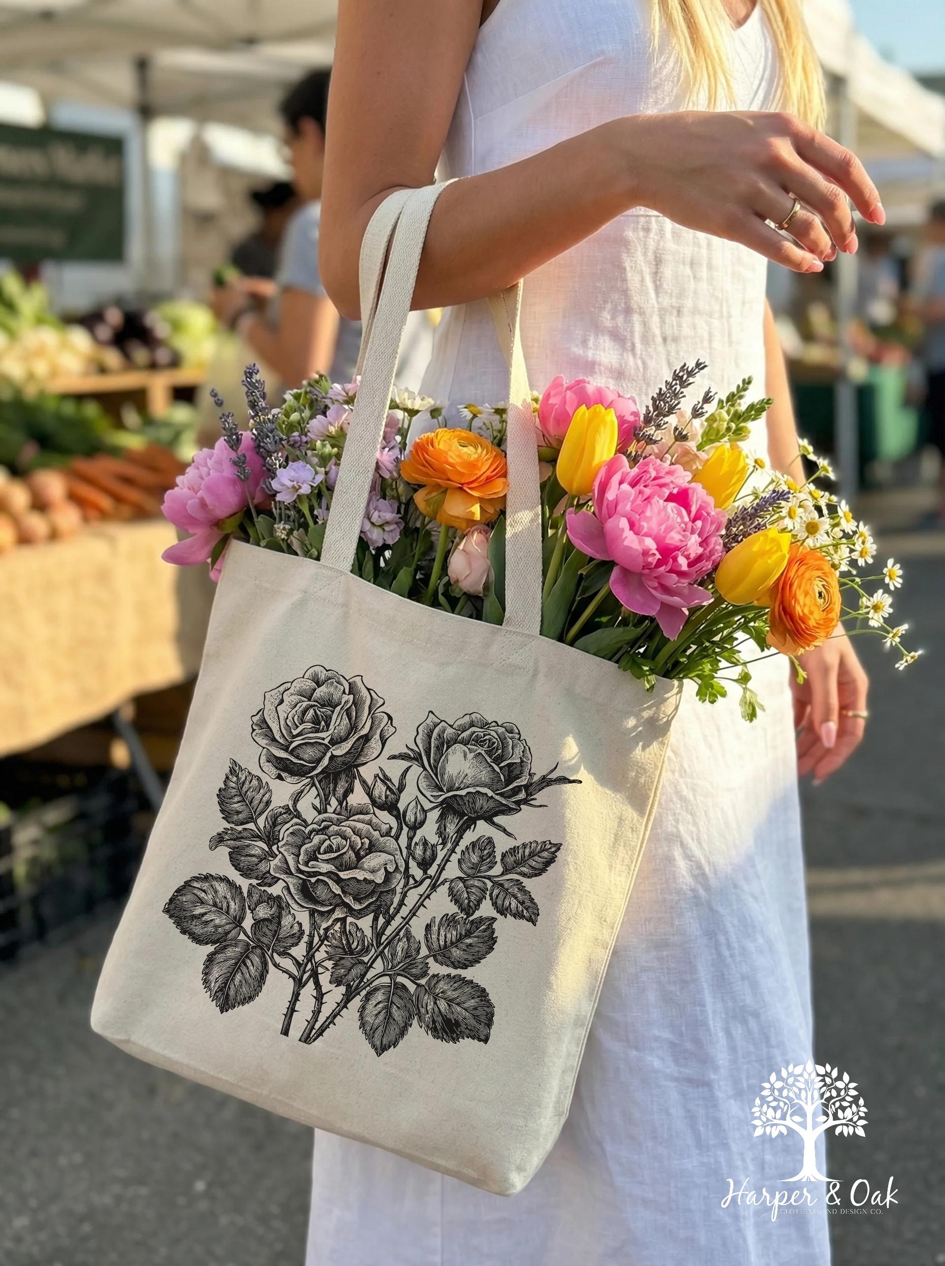 Retro Linocut Flower Tote Bag, Retro Floral Canvas Tote, Cottagecore Boho Botanical Bag,