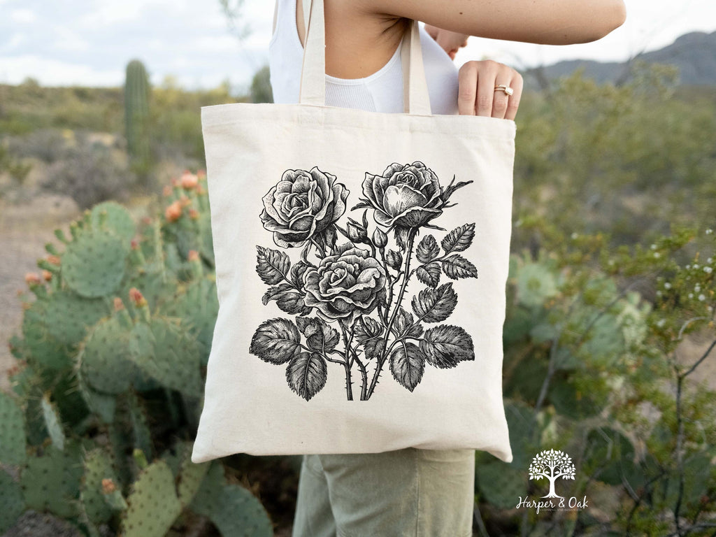 Retro Linocut Flower Tote Bag, Retro Floral Canvas Tote, Cottagecore Boho Botanical Bag,