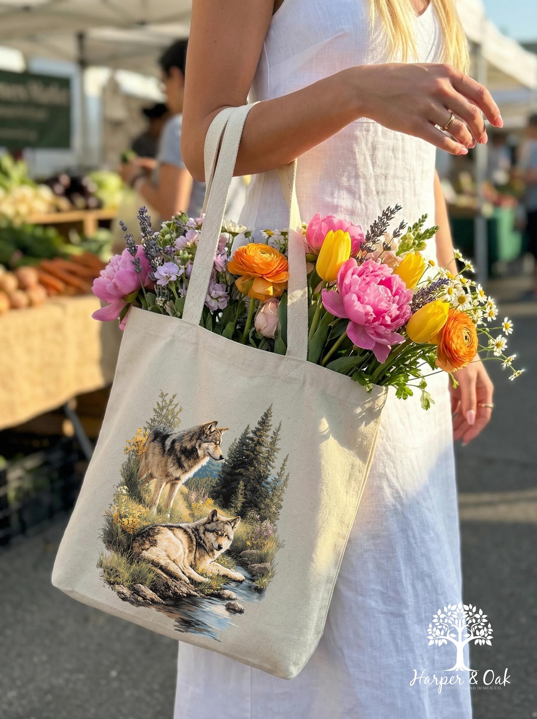 Retro Wolf Tote Bag, Nature Vintage Wildlife Canvas Tote, Boho Unisex Cabincore Bag, Rustic Wolf Tote, Cozy Nostalgia Tote