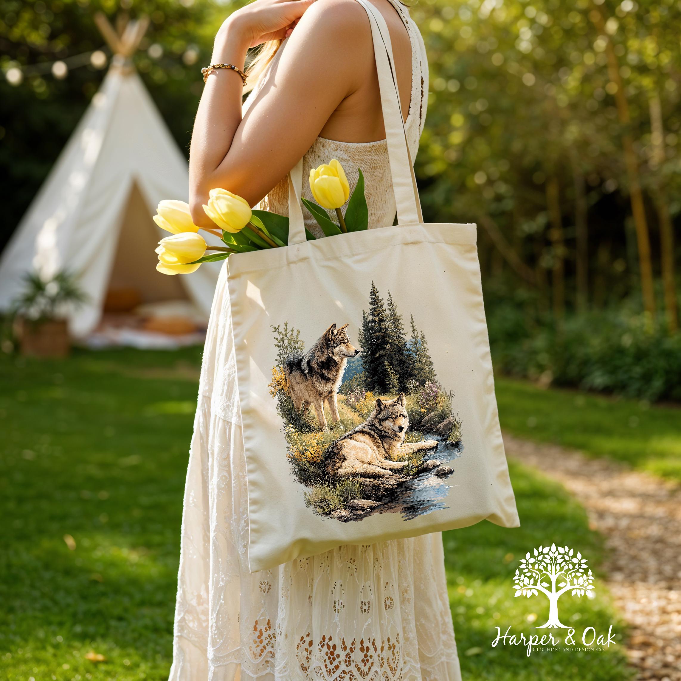 Retro Wolf Tote Bag, Nature Vintage Wildlife Canvas Tote, Boho Unisex Cabincore Bag, Rustic Wolf Tote, Cozy Nostalgia Tote