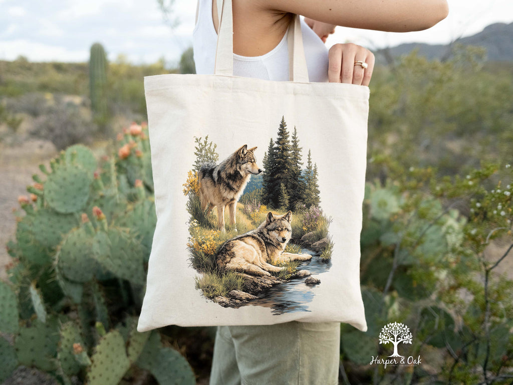 Retro Wolf Tote Bag, Nature Vintage Wildlife Canvas Tote, Boho Unisex Cabincore Bag, Rustic Wolf Tote, Cozy Nostalgia Tote